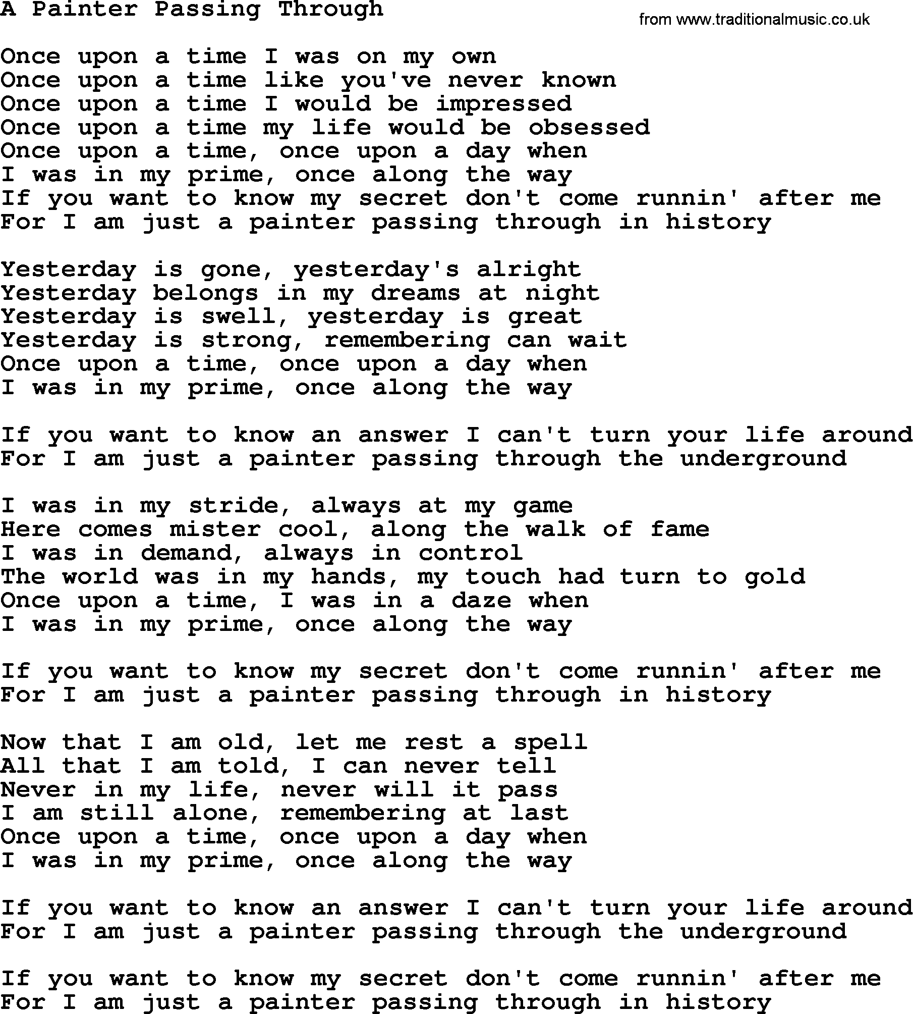 Gordon Lightfoot song A Painter Passing Through, lyrics
