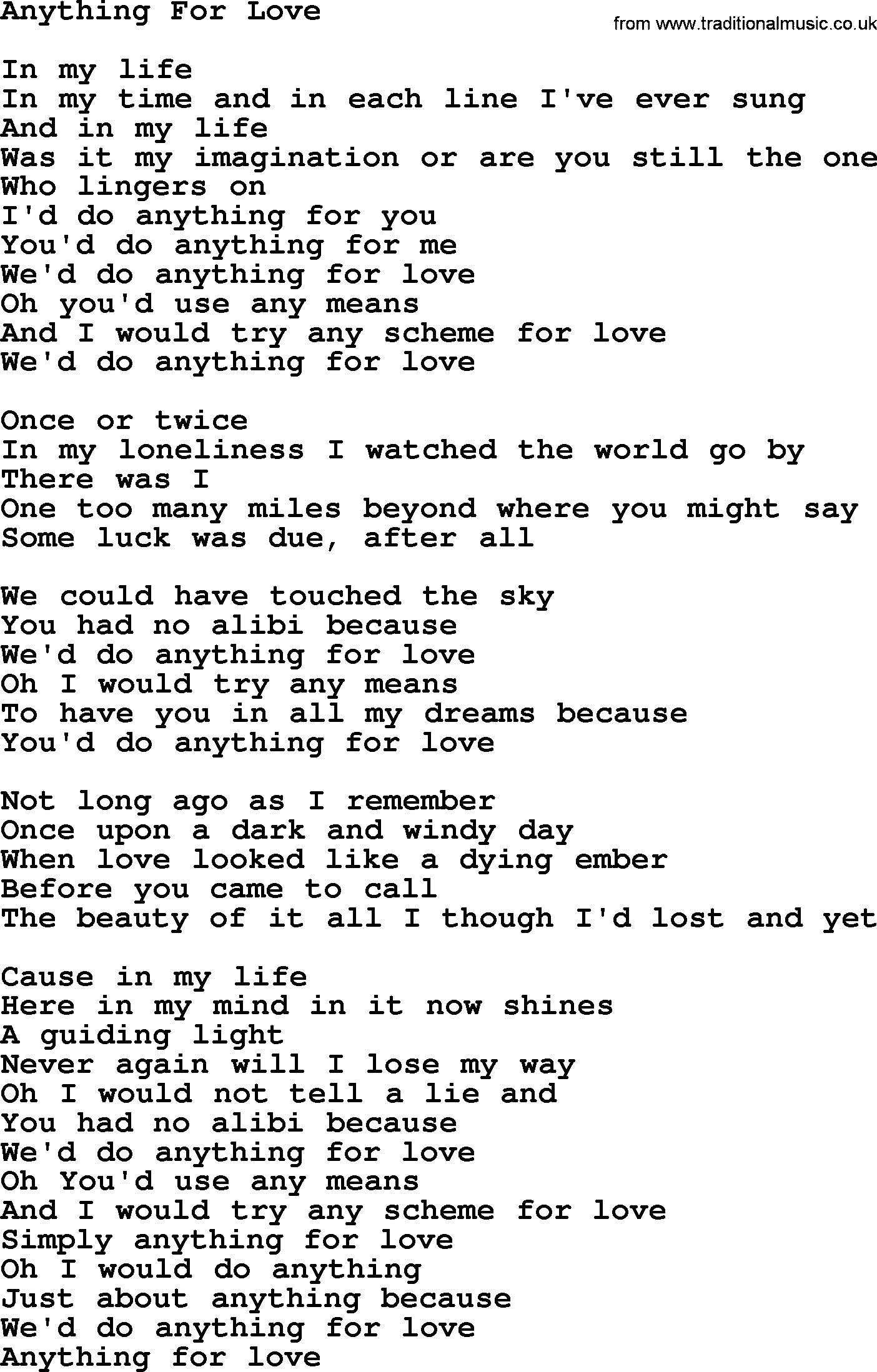 Gordon Lightfoot song Anything For Love, lyrics