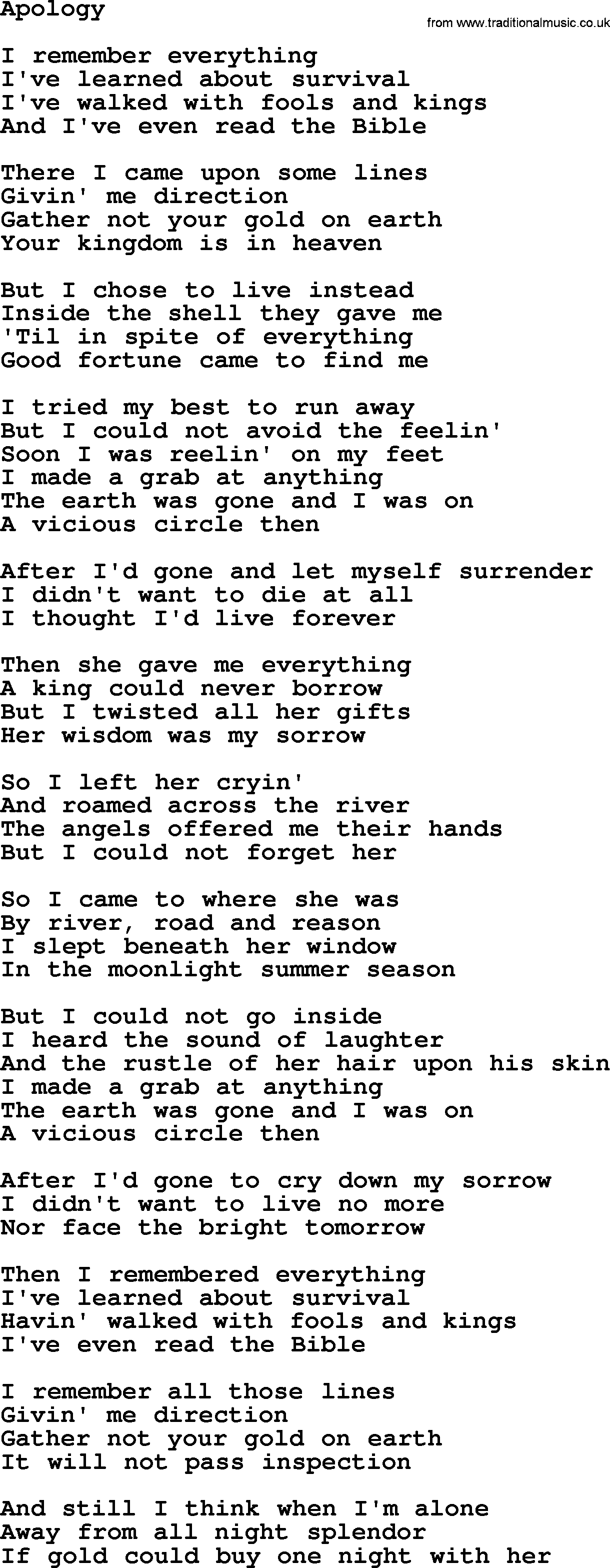 Gordon Lightfoot song Apology, lyrics