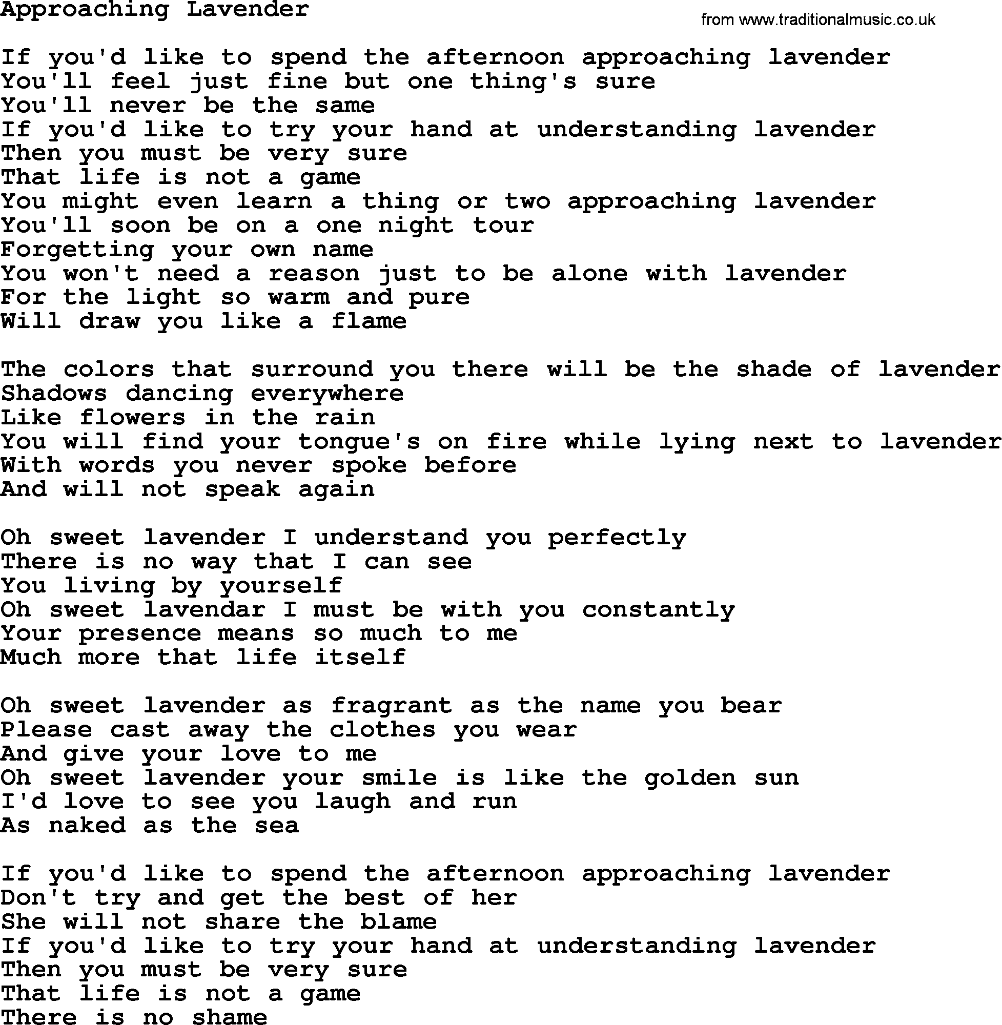 Gordon Lightfoot song Approaching Lavender, lyrics