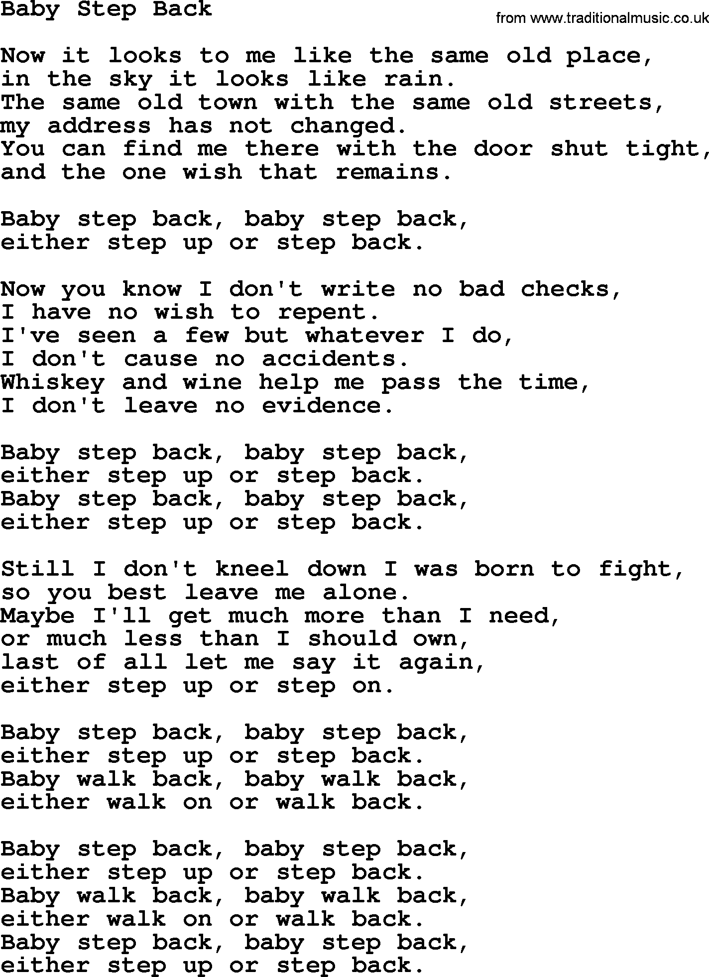 Gordon Lightfoot song Baby Step Back, lyrics