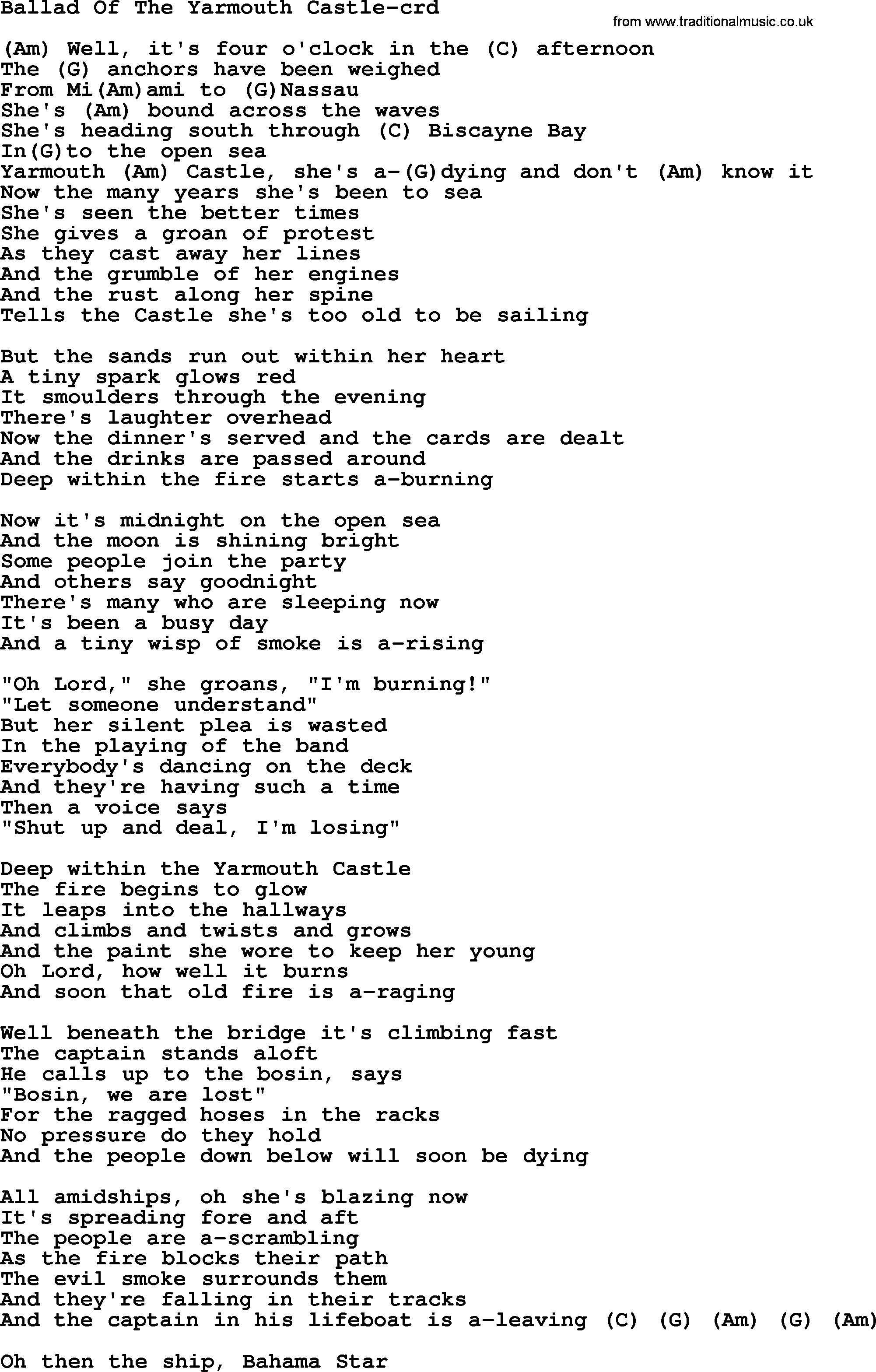 Gordon Lightfoot song Ballad Of The Yarmouth Castle, lyrics and chords