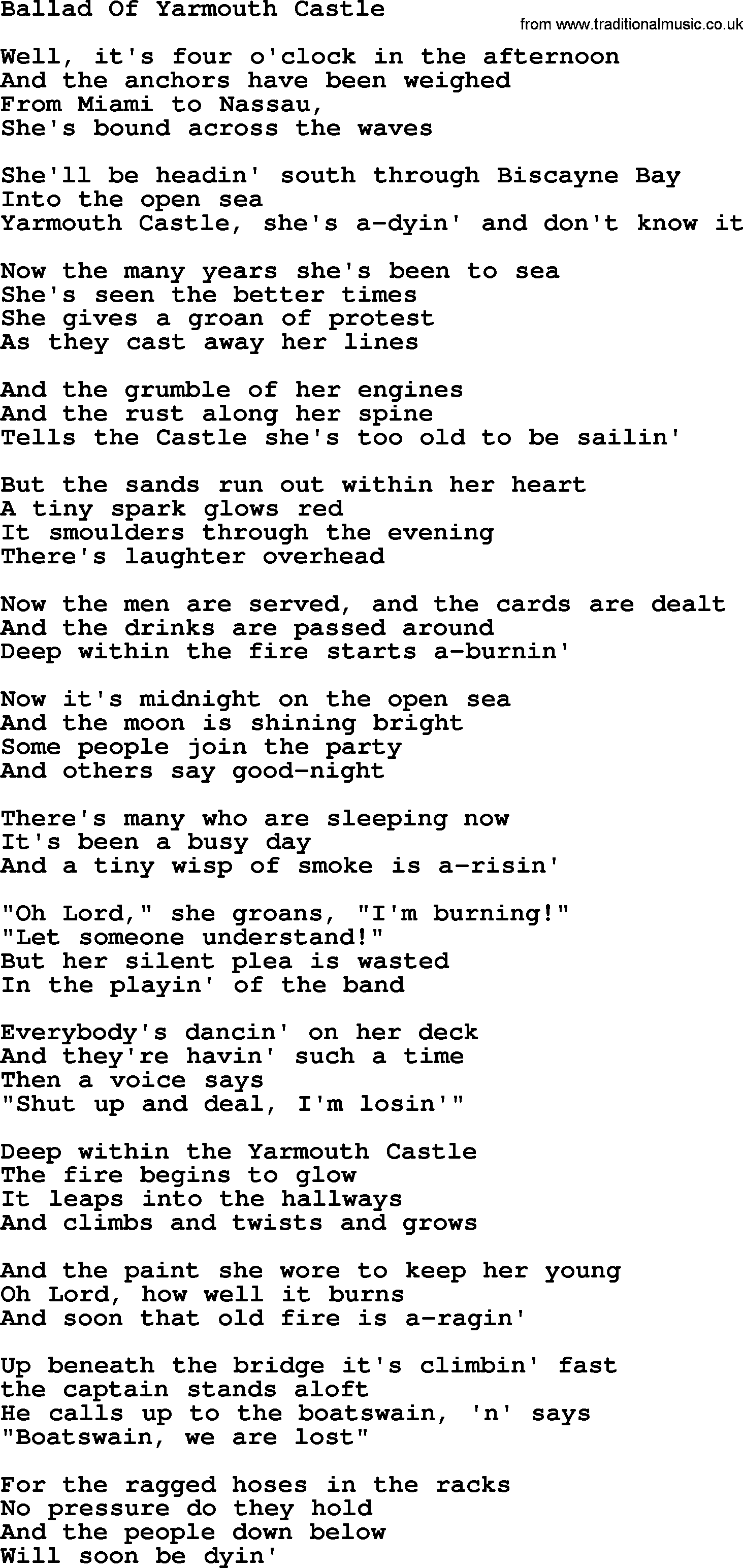 Gordon Lightfoot song Ballad Of Yarmouth Castle, lyrics