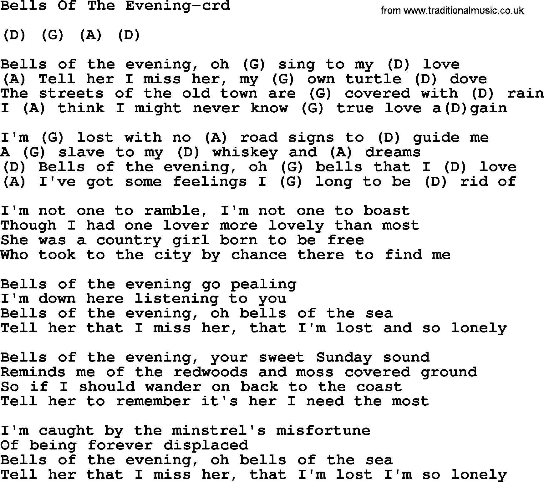 Gordon Lightfoot song Bells Of The Evening, lyrics and chords