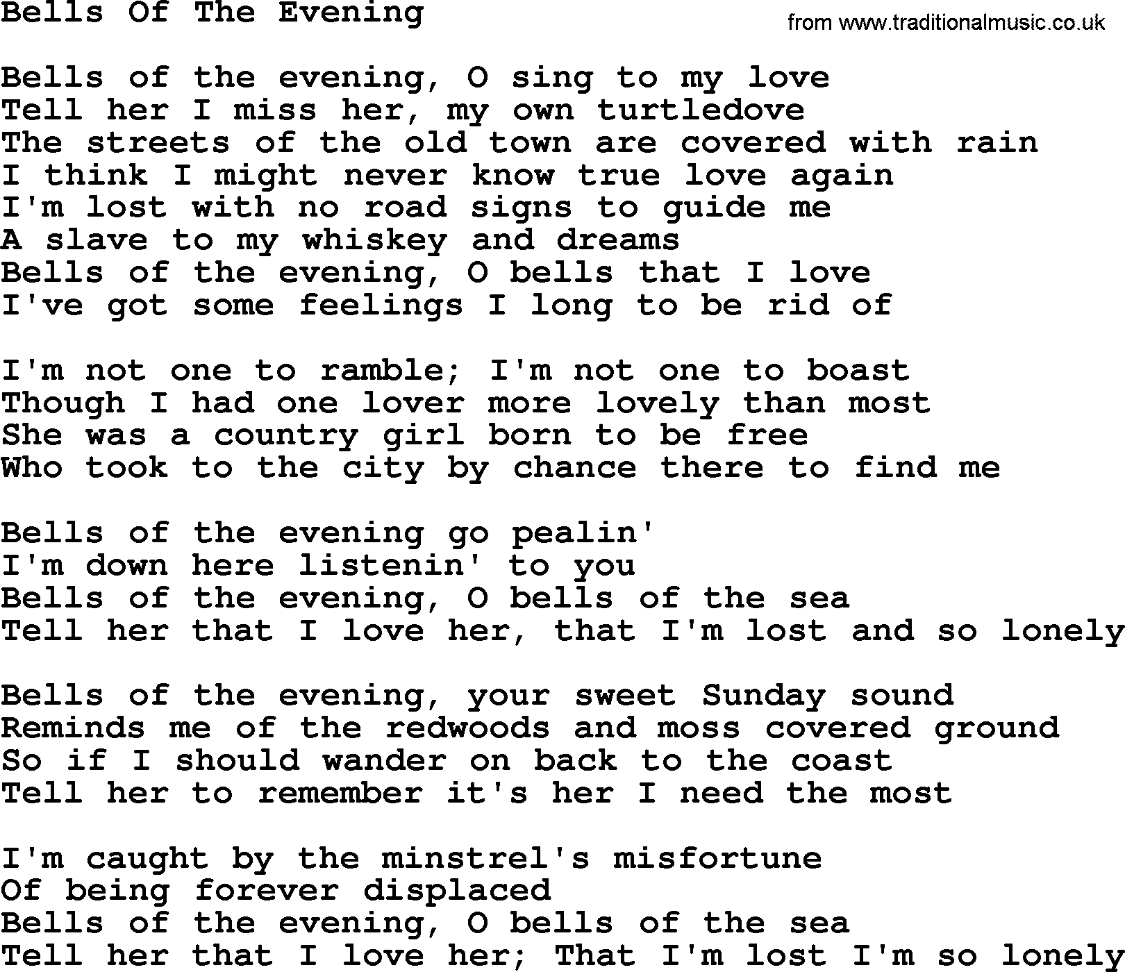 Gordon Lightfoot song Bells Of The Evening, lyrics