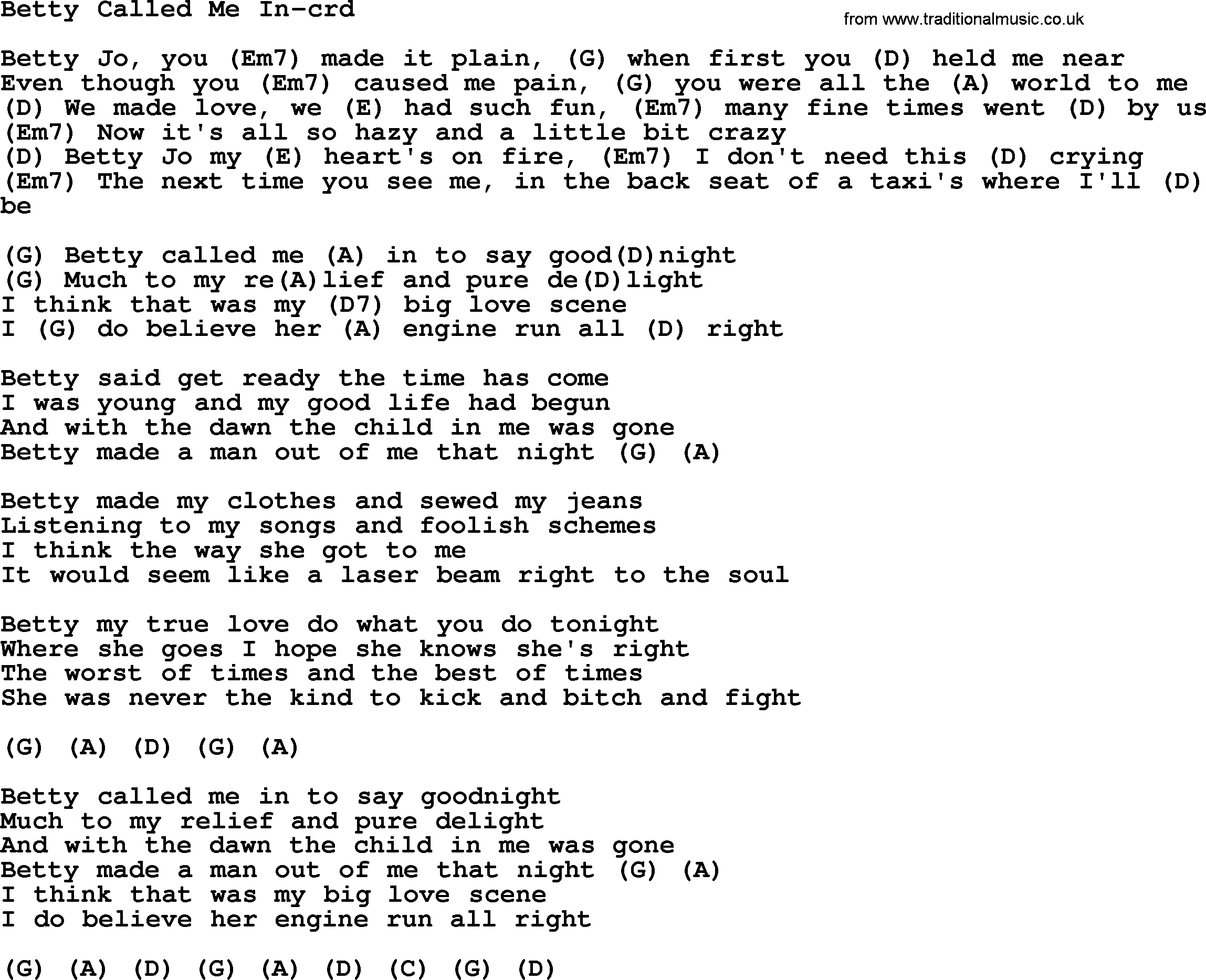 Gordon Lightfoot song Betty Called Me In, lyrics and chords