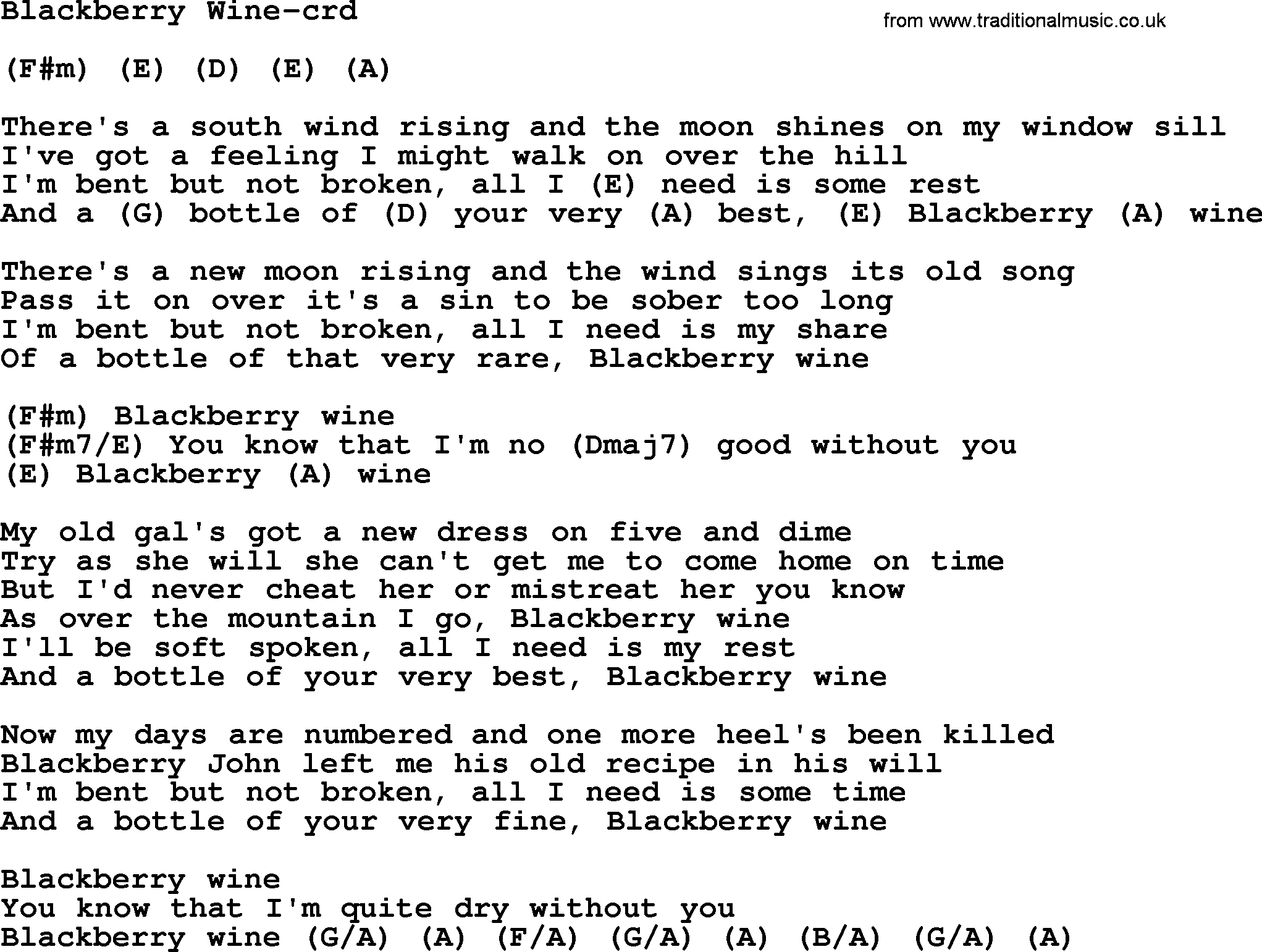 Gordon Lightfoot song Blackberry Wine, lyrics and chords