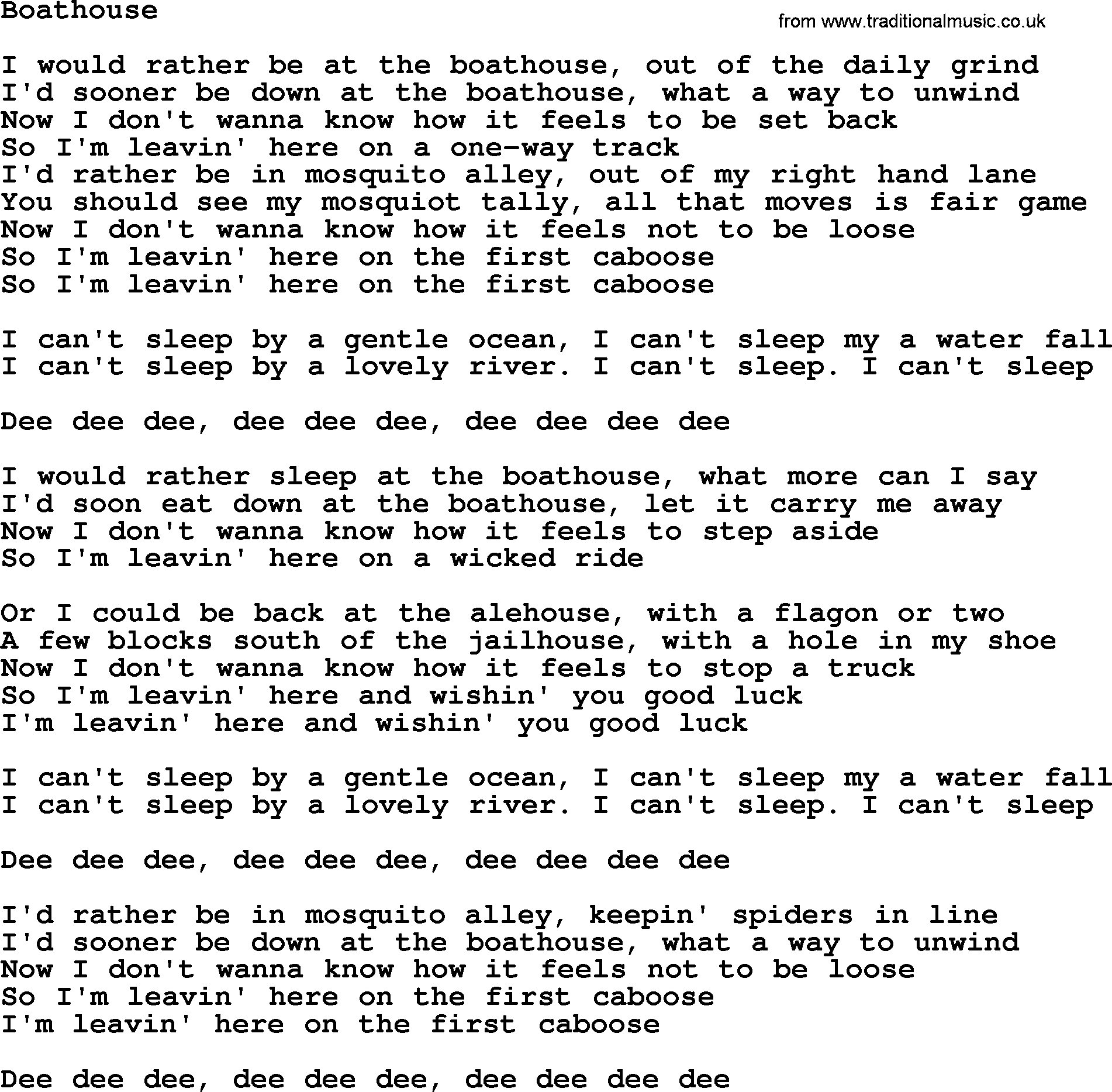 Gordon Lightfoot song Boathouse, lyrics