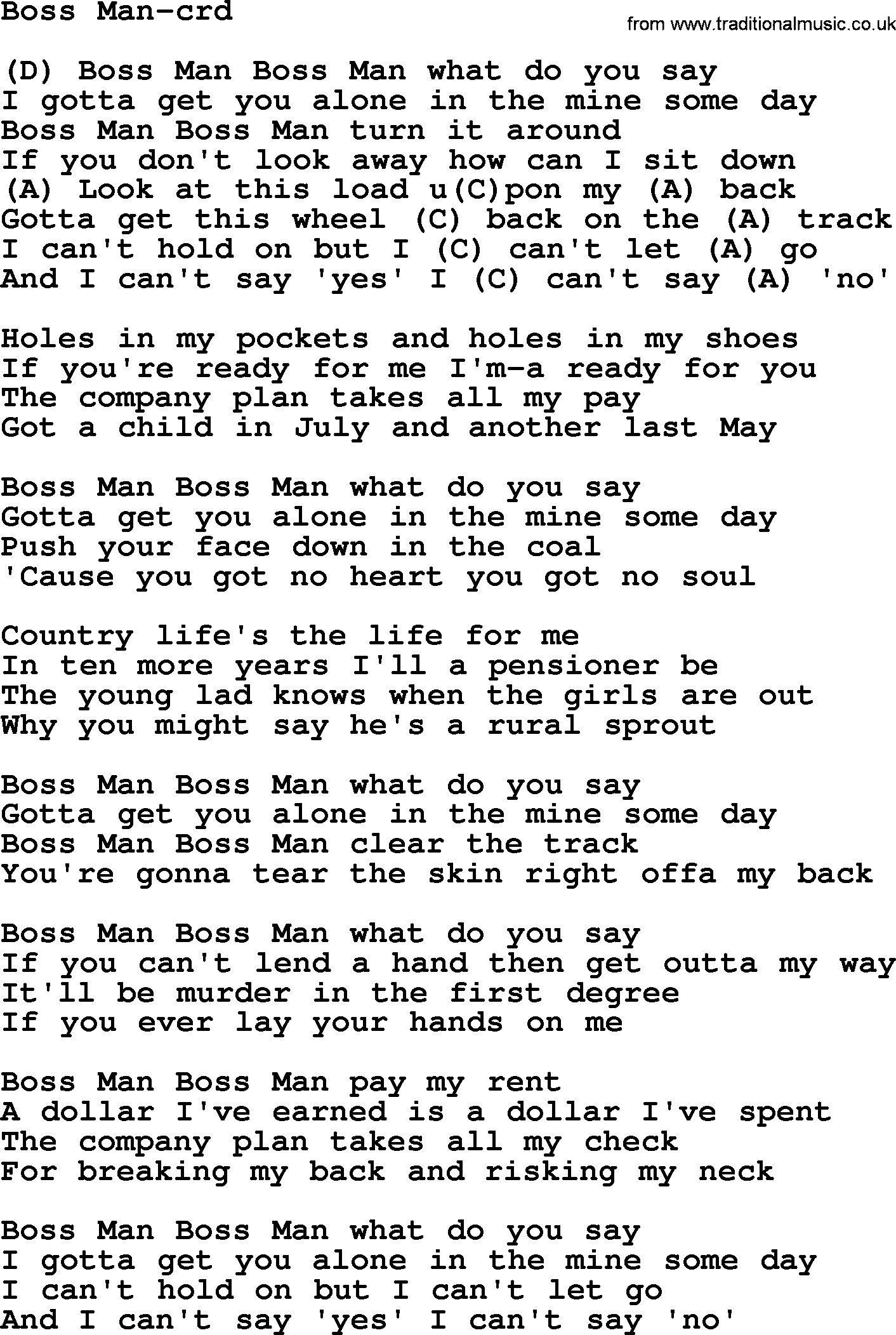 Gordon Lightfoot song Boss Man, lyrics and chords
