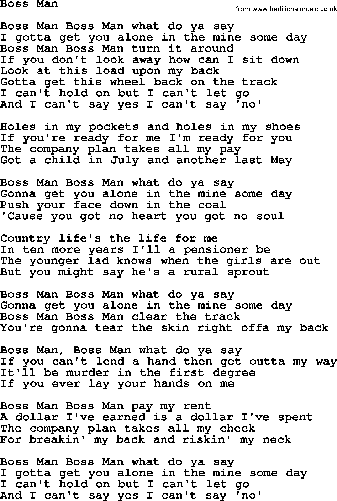 Gordon Lightfoot song Boss Man, lyrics