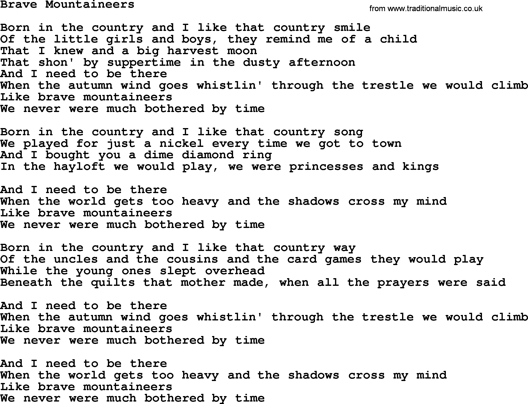 Gordon Lightfoot song Brave Mountaineers, lyrics