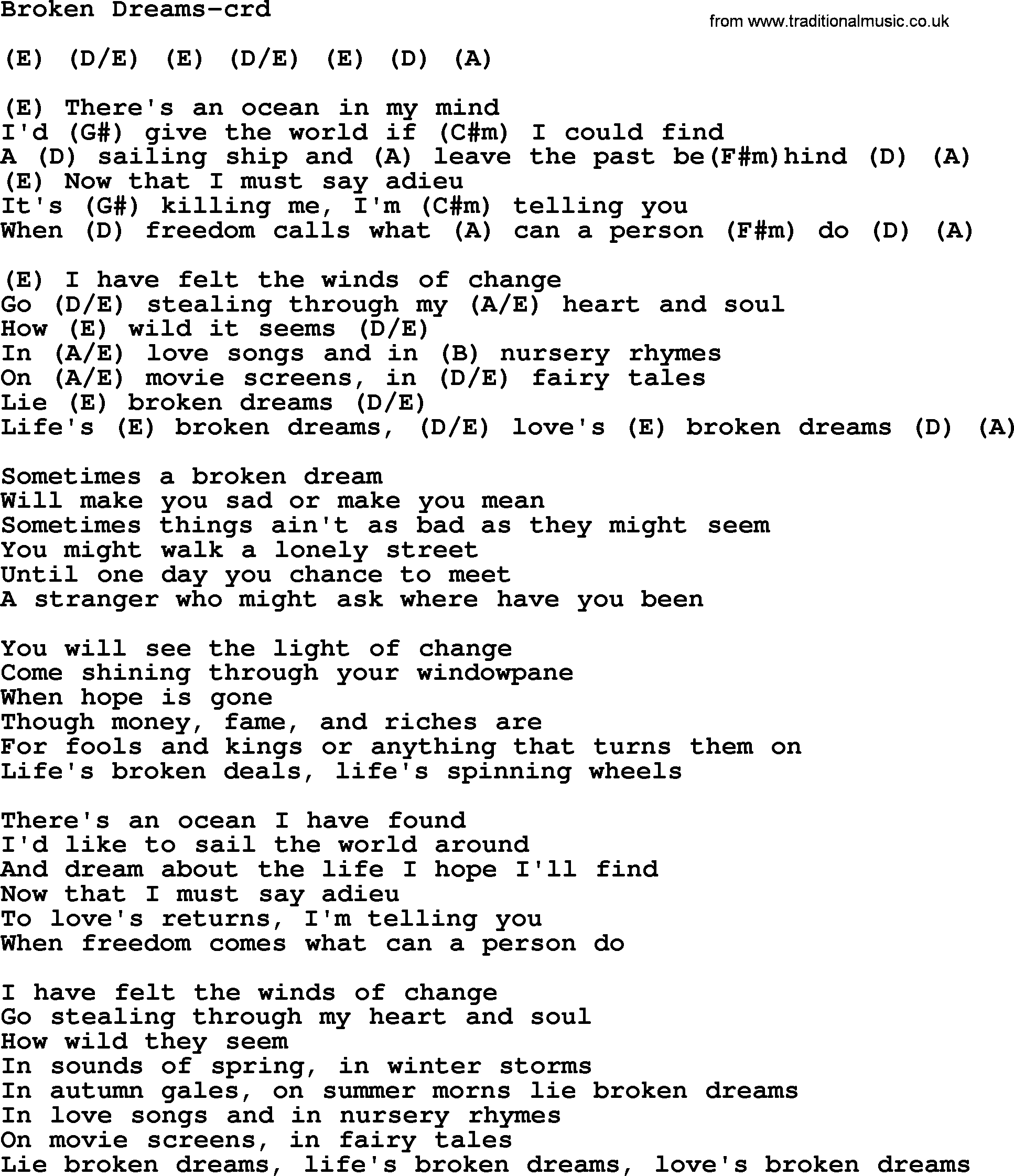 Gordon Lightfoot song Broken Dreams, lyrics and chords