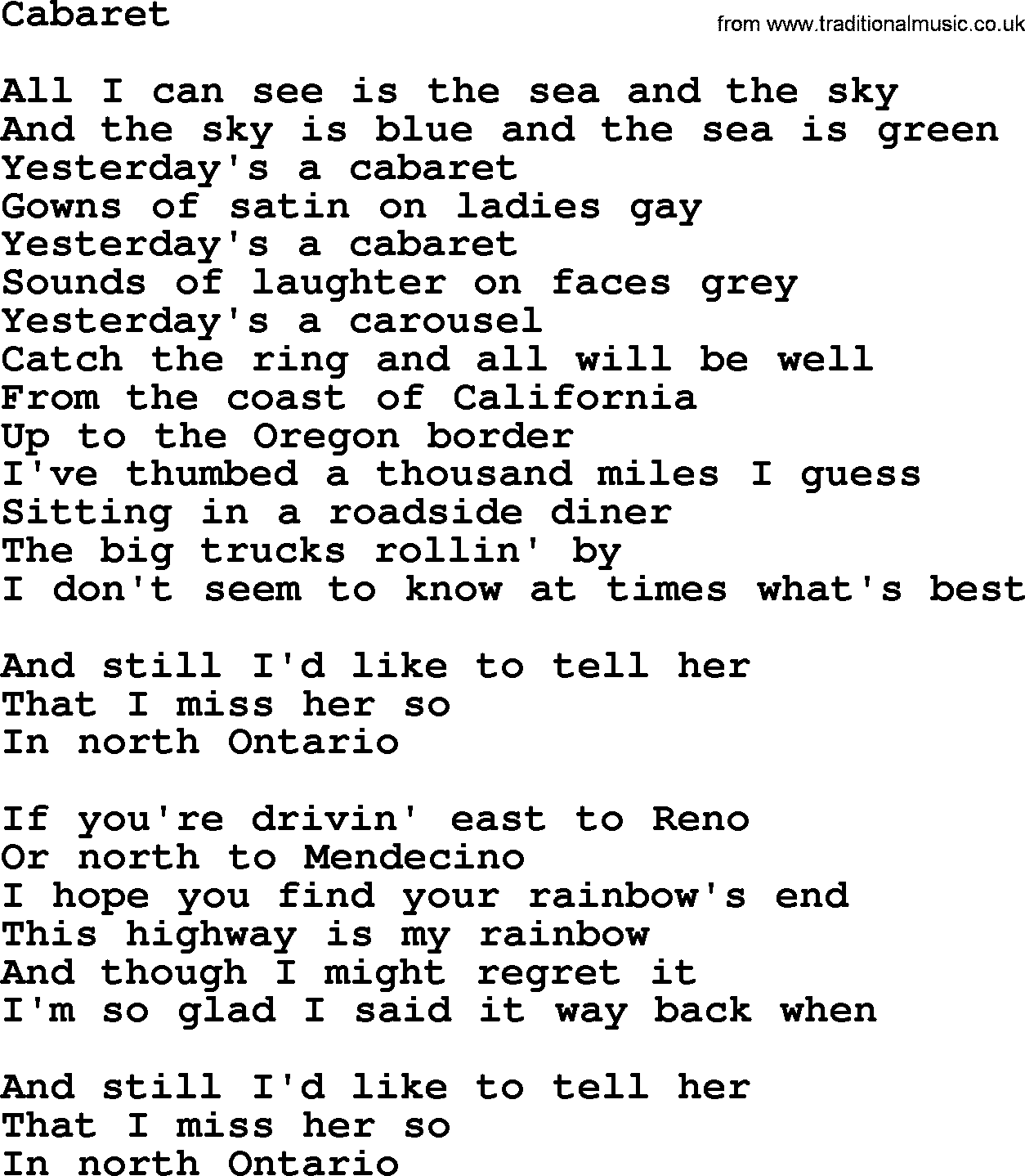 Gordon Lightfoot song Cabaret, lyrics