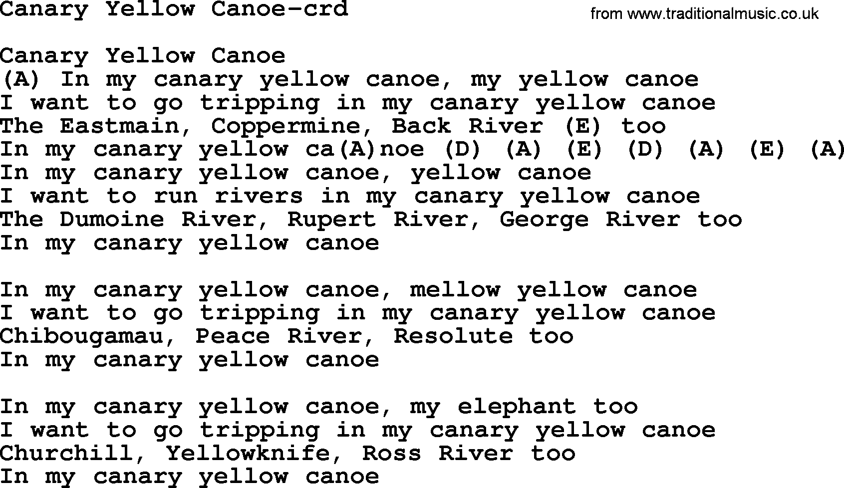 Gordon Lightfoot song Canary Yellow Canoe, lyrics and chords