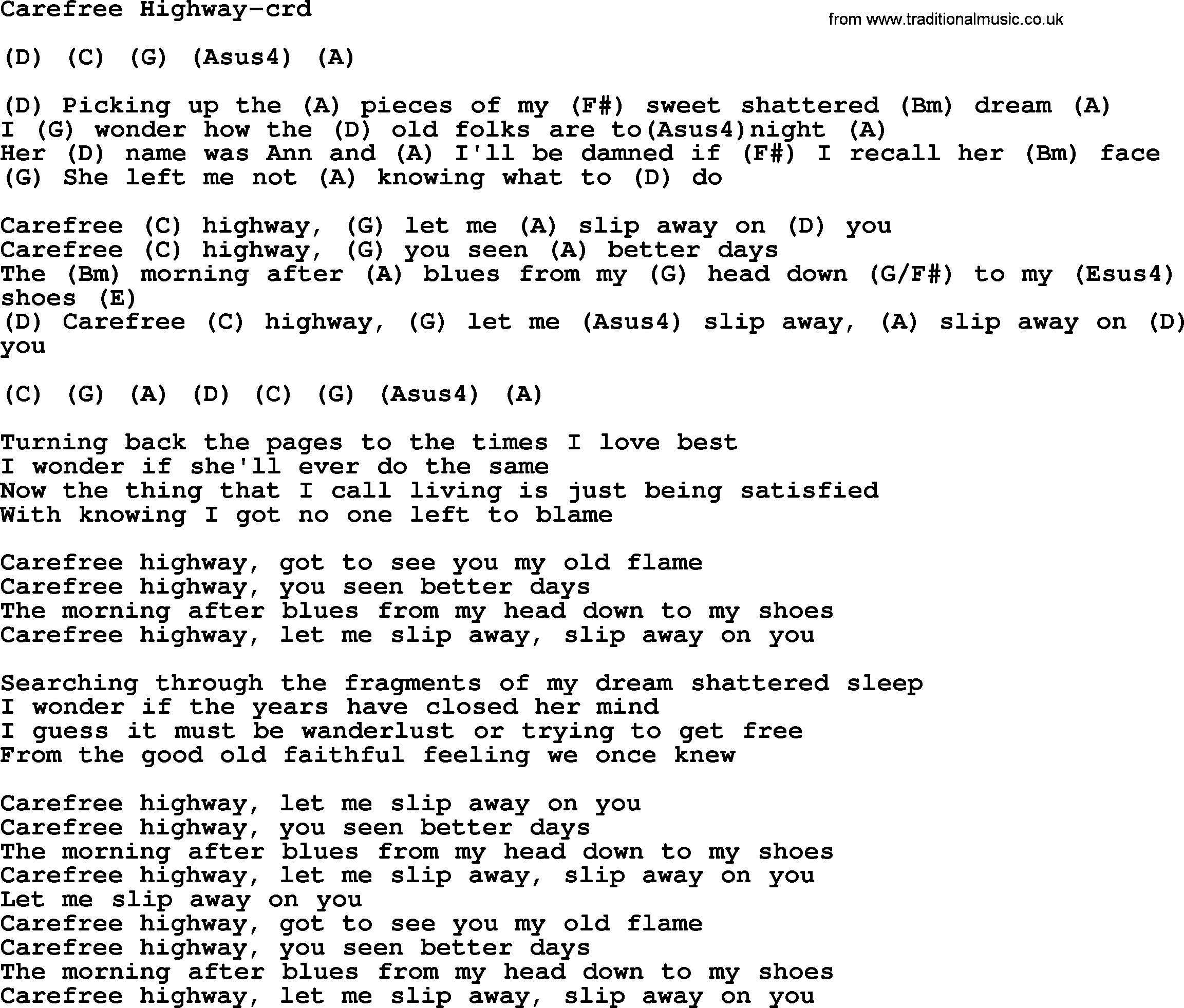 Gordon Lightfoot song Carefree Highway, lyrics and chords