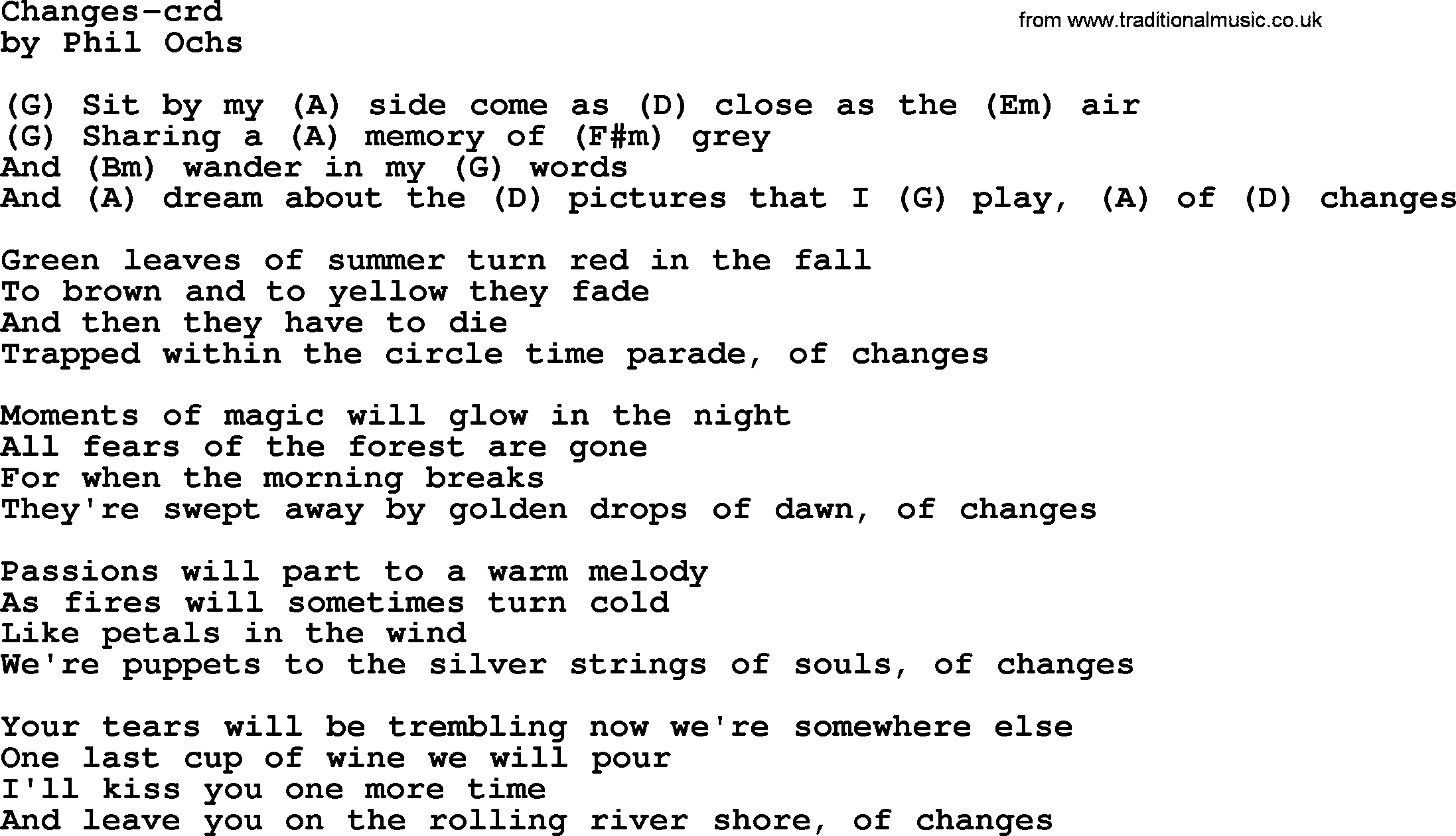 Gordon Lightfoot song Changes, lyrics and chords