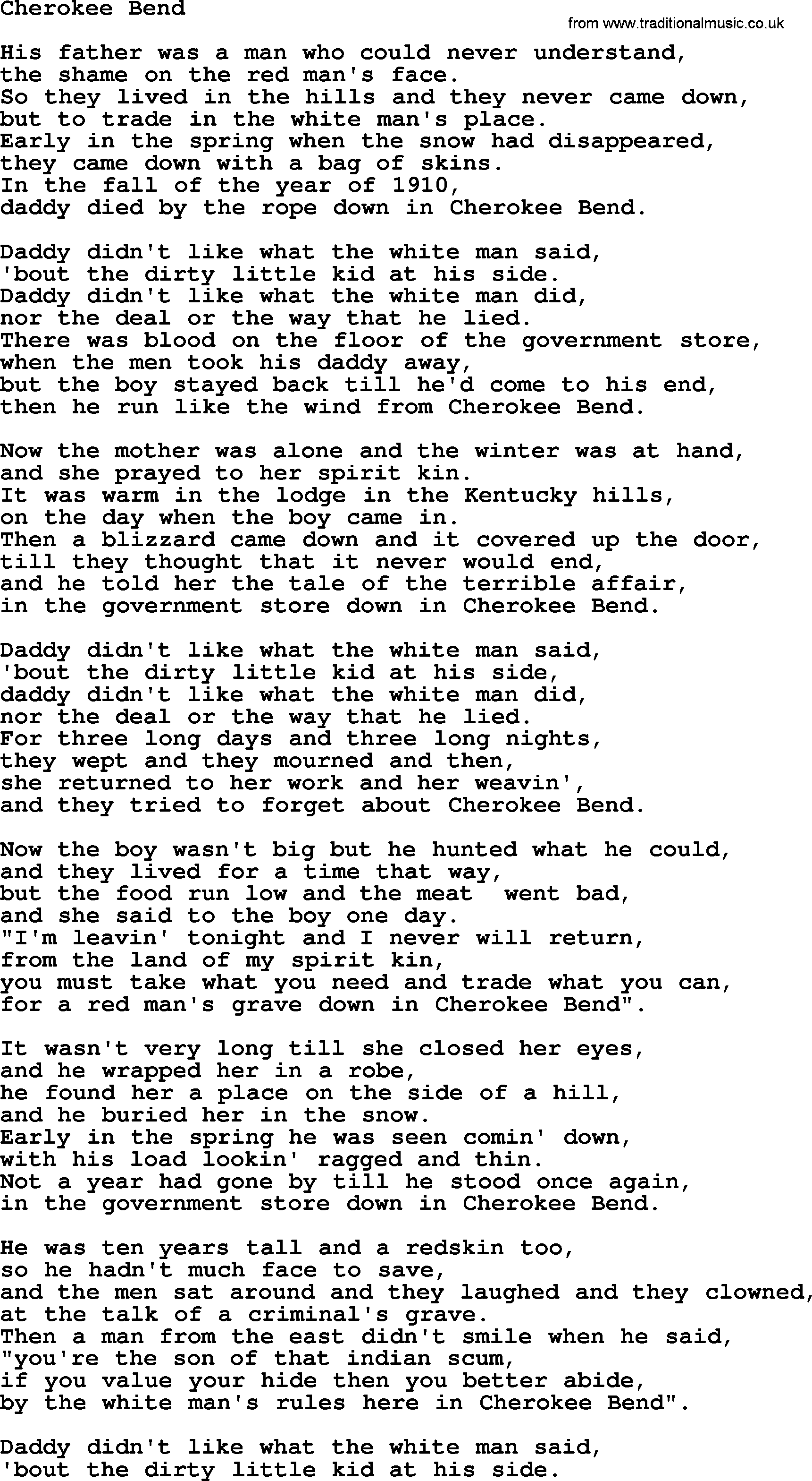 Gordon Lightfoot song Cherokee Bend, lyrics