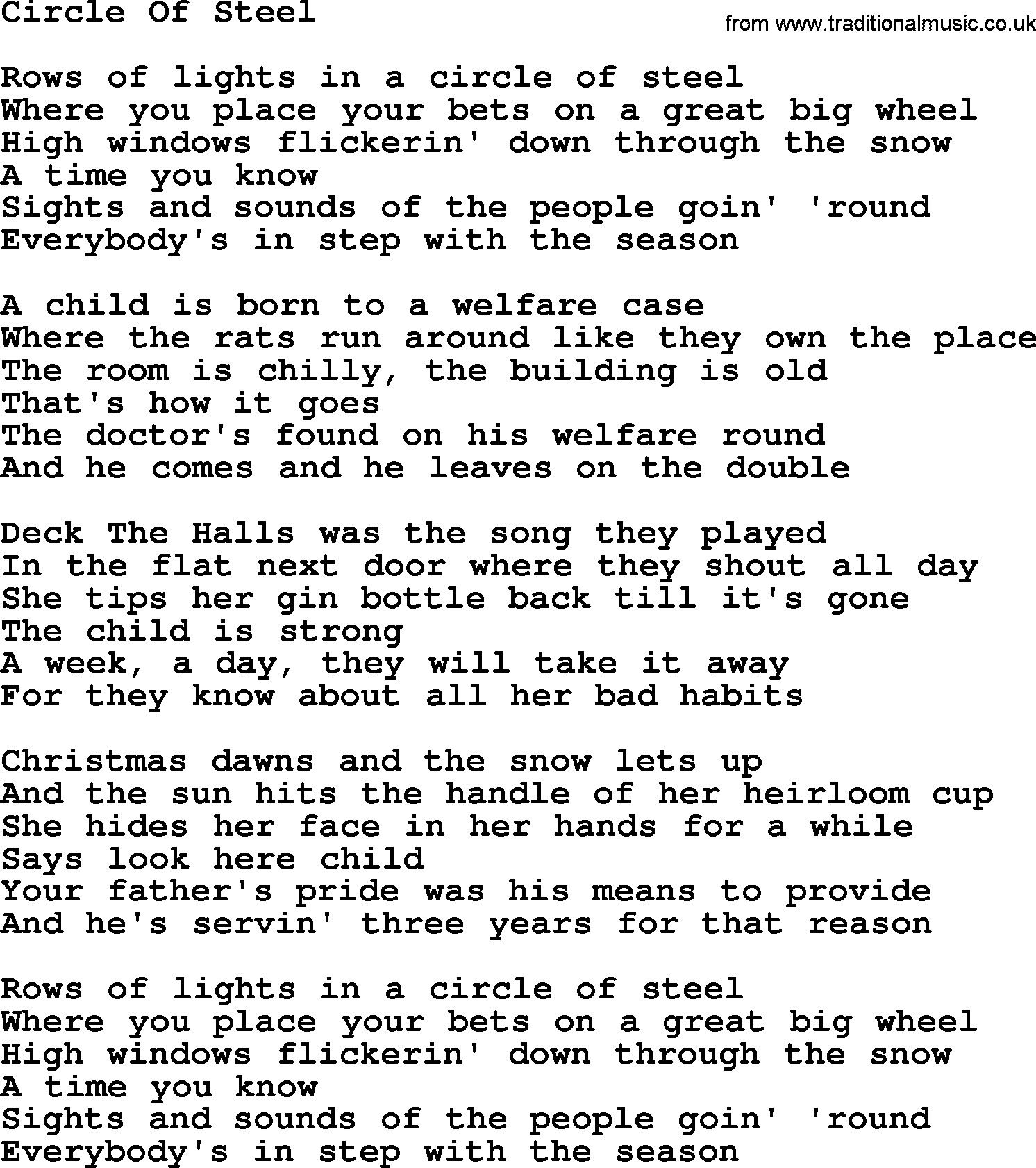 Gordon Lightfoot song Circle Of Steel, lyrics