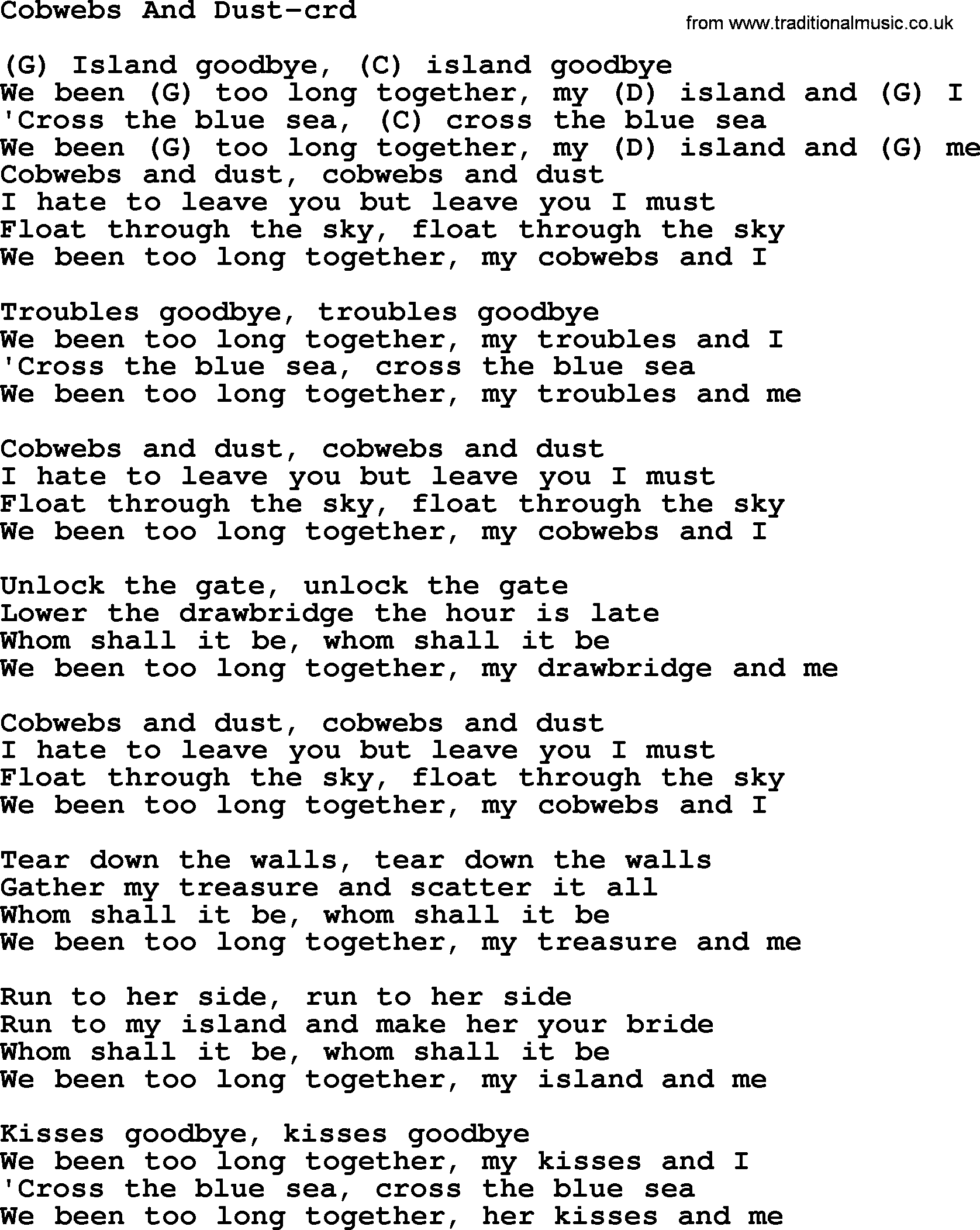 Gordon Lightfoot song Cobwebs And Dust, lyrics and chords