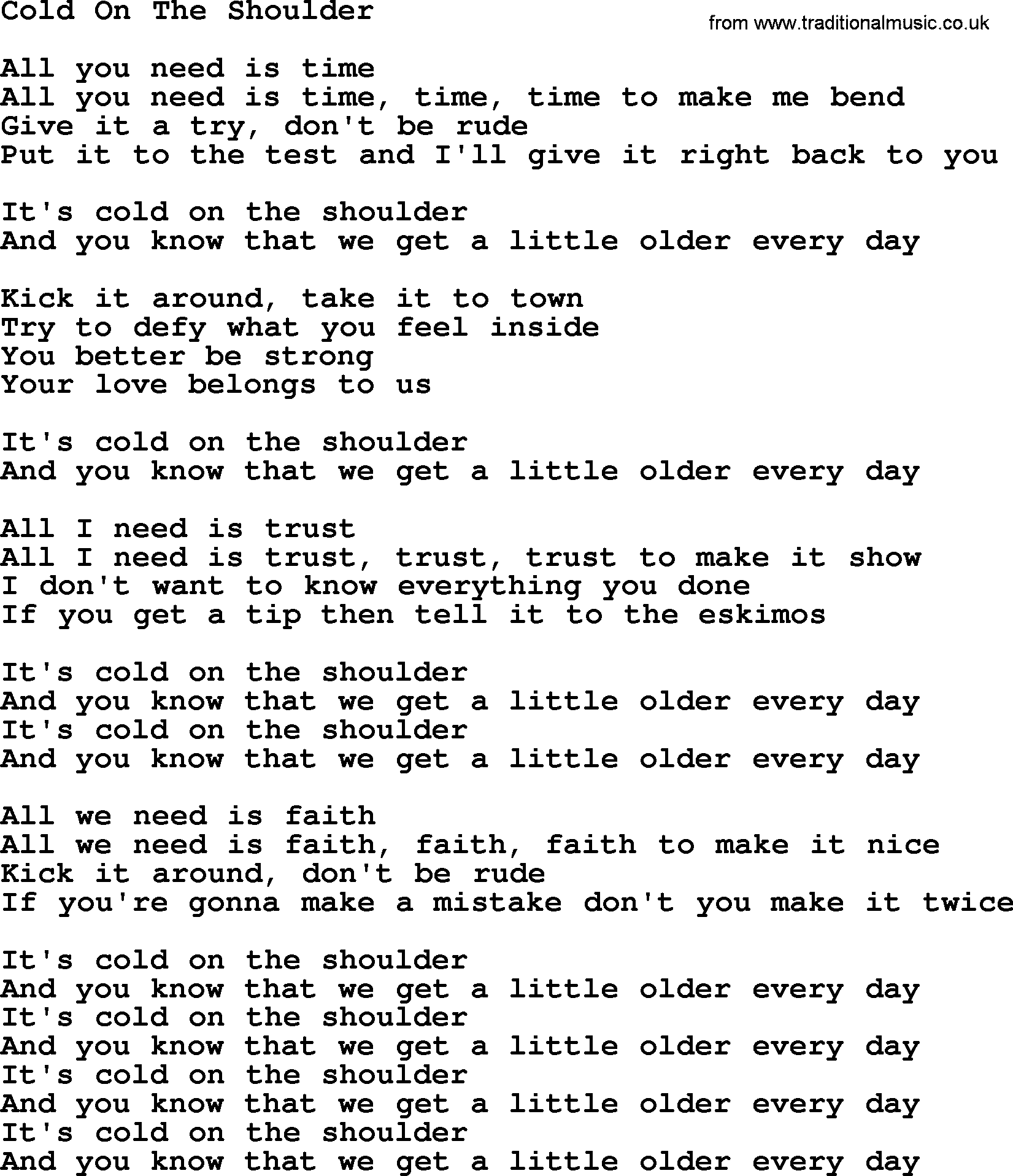 Gordon Lightfoot song Cold On The Shoulder, lyrics