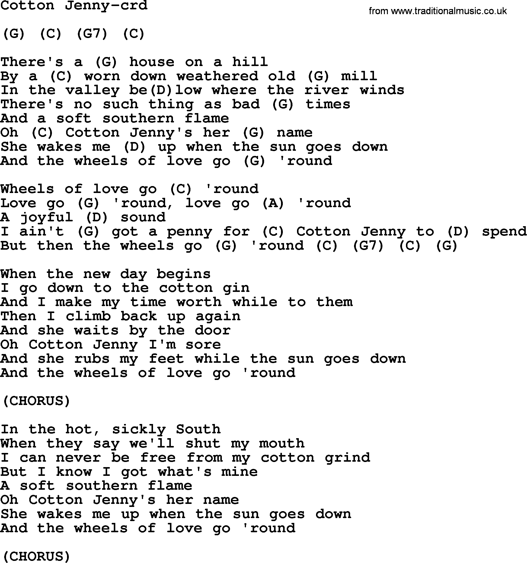 Gordon Lightfoot song Cotton Jenny, lyrics and chords