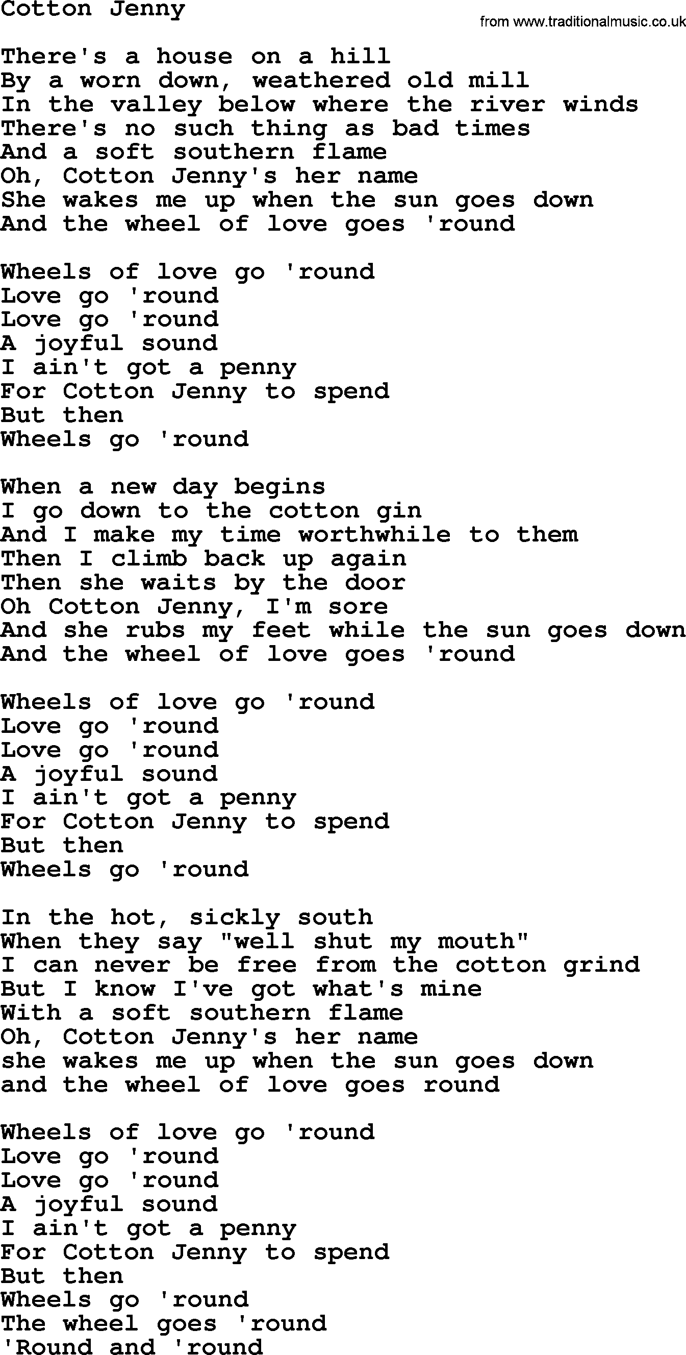 Gordon Lightfoot song Cotton Jenny, lyrics
