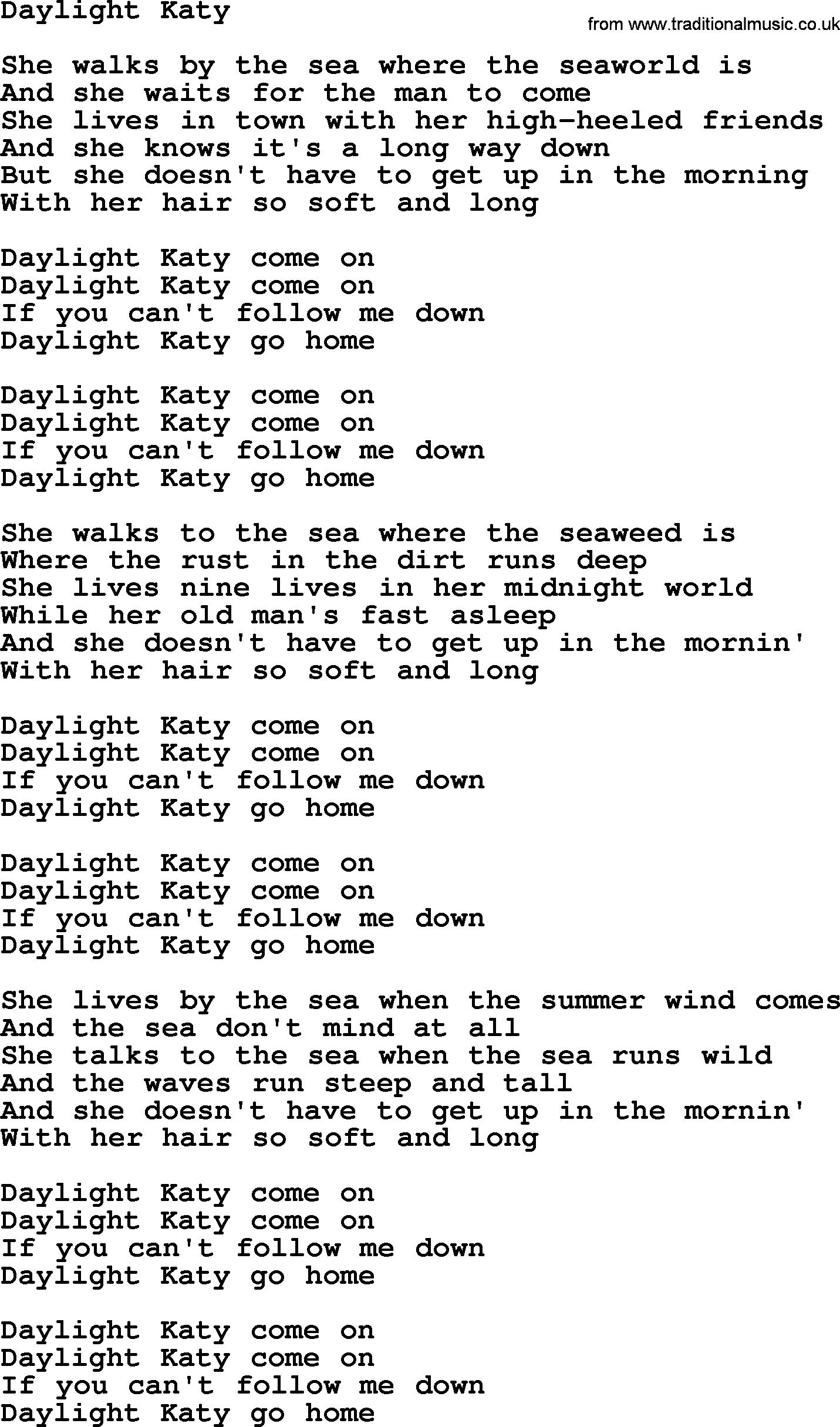 Gordon Lightfoot song Daylight Katy, lyrics