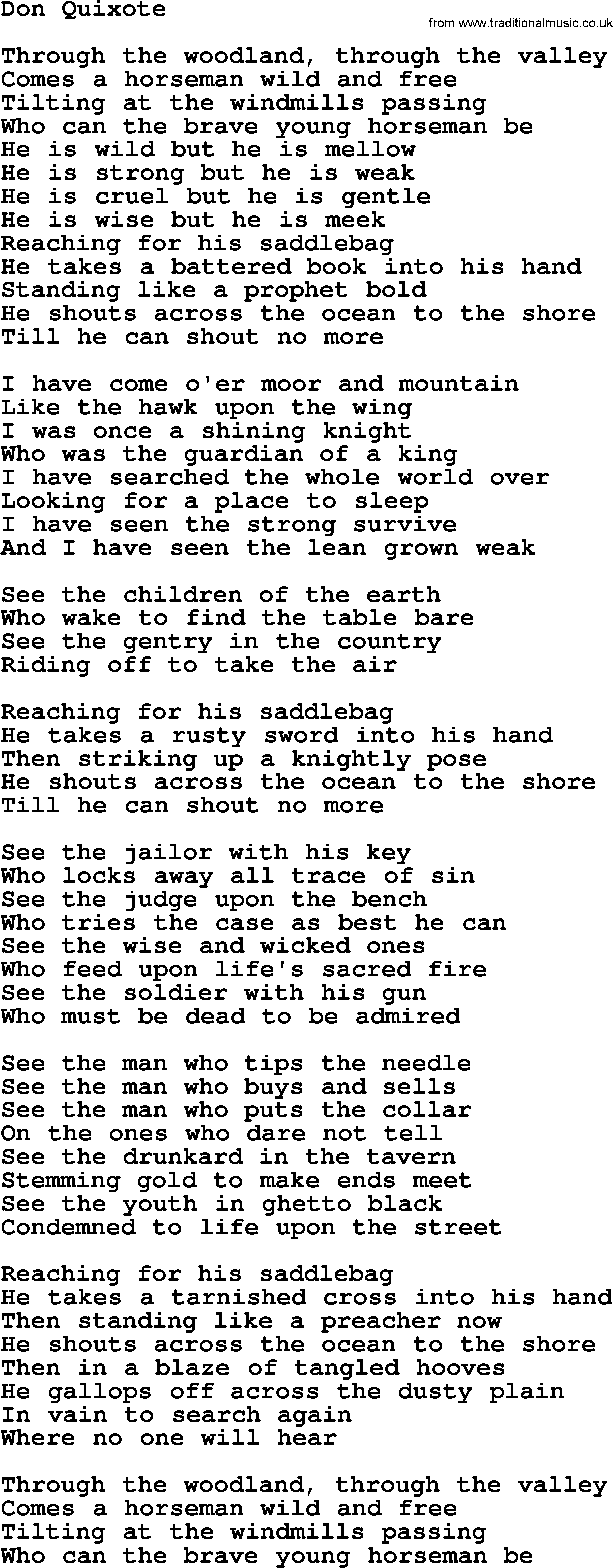 Gordon Lightfoot song Don Quixote, lyrics