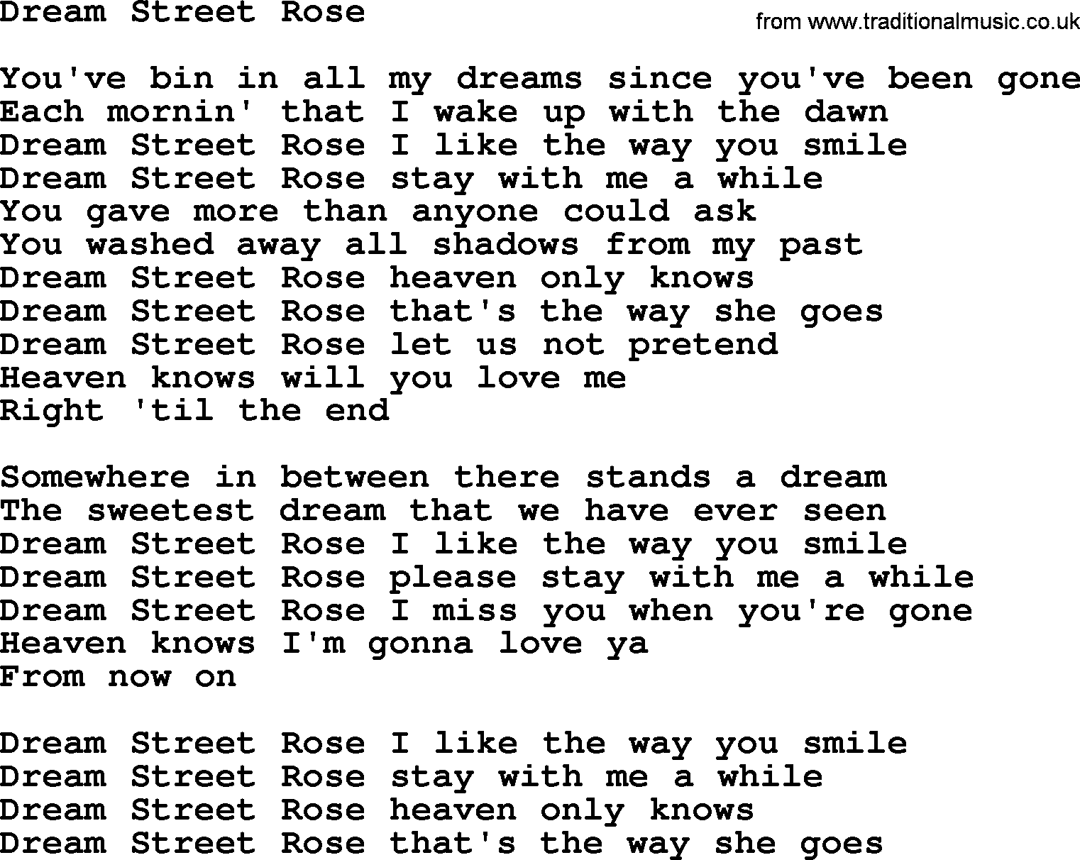 Gordon Lightfoot song Dream Street Rose, lyrics