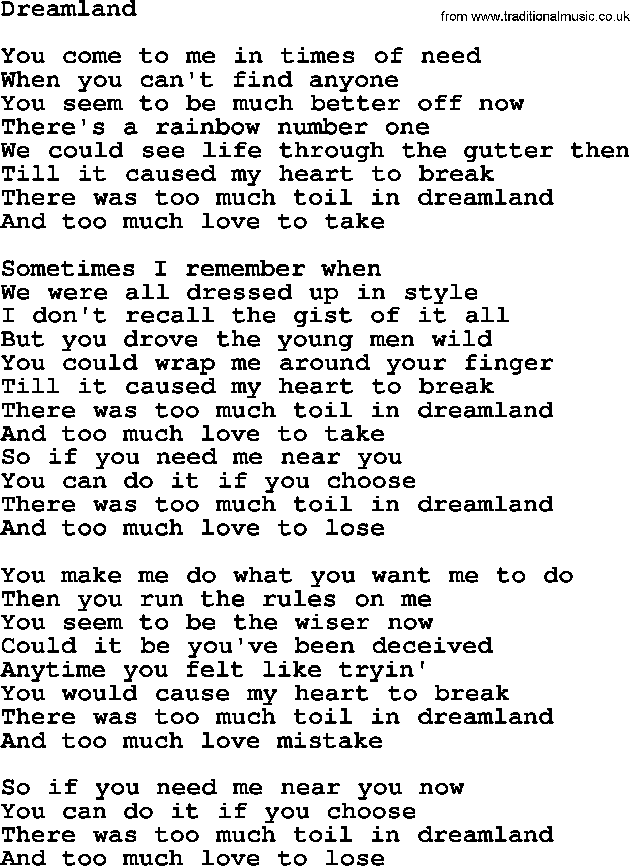 Gordon Lightfoot song Dreamland, lyrics