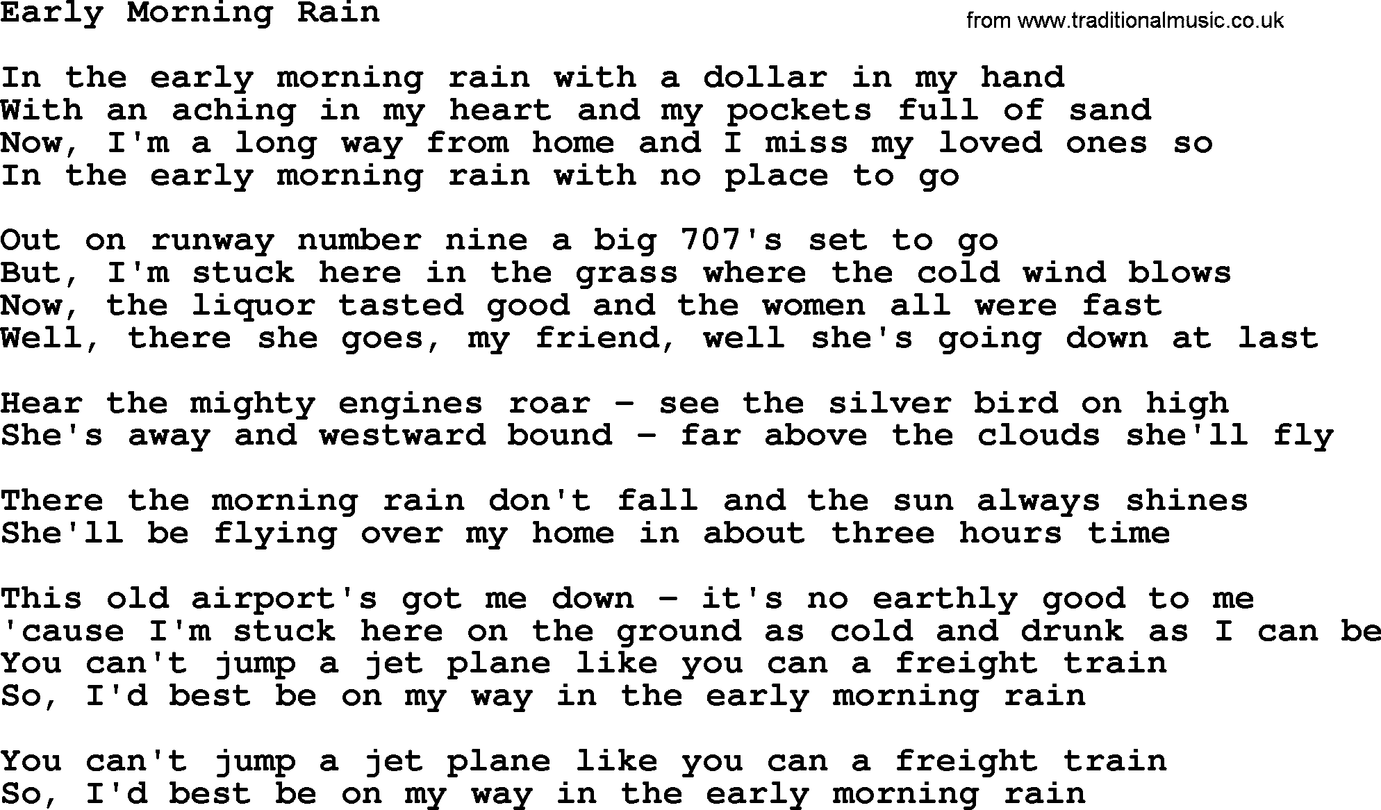 Gordon Lightfoot song Early Morning Rain, lyrics