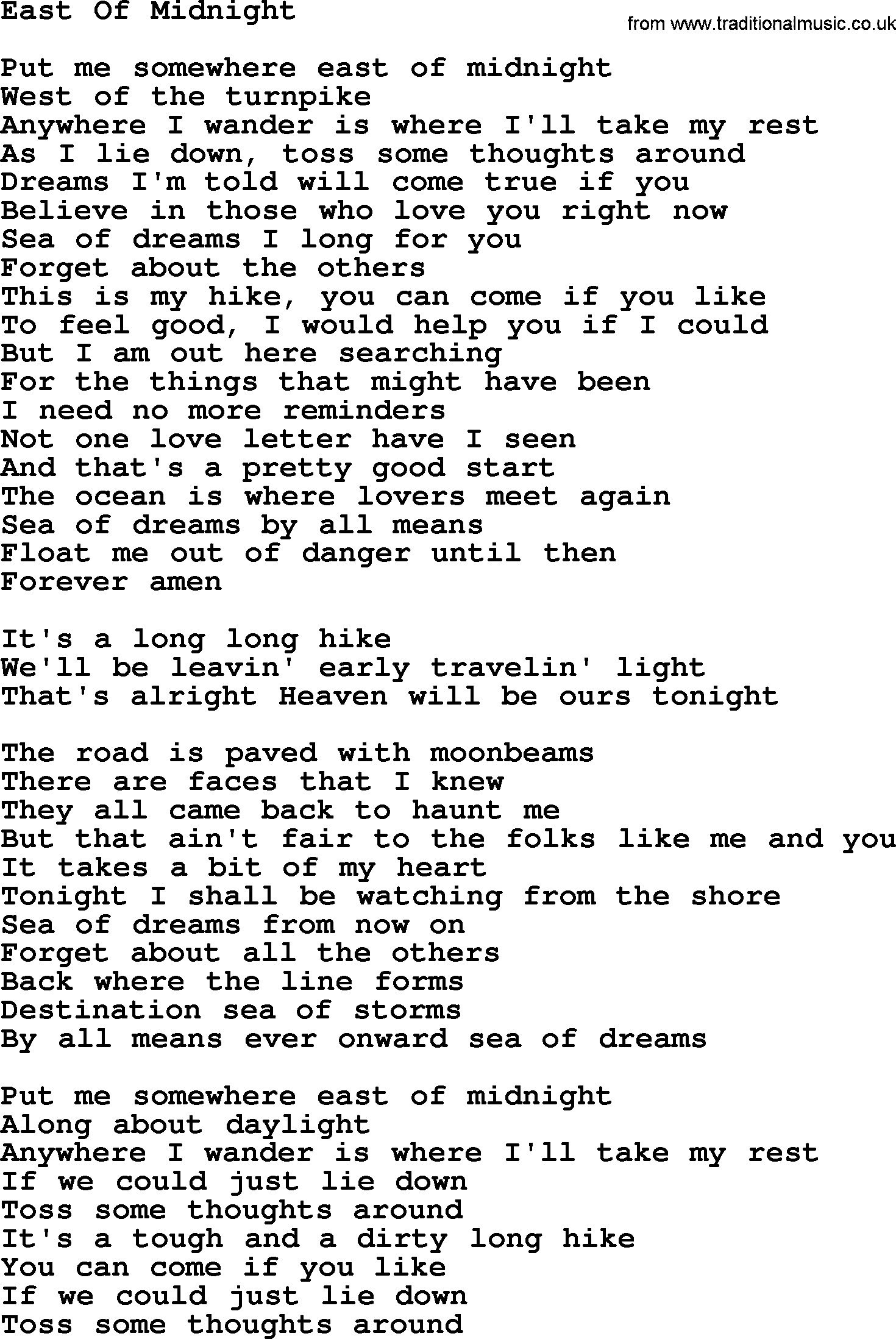 Gordon Lightfoot song East Of Midnight, lyrics