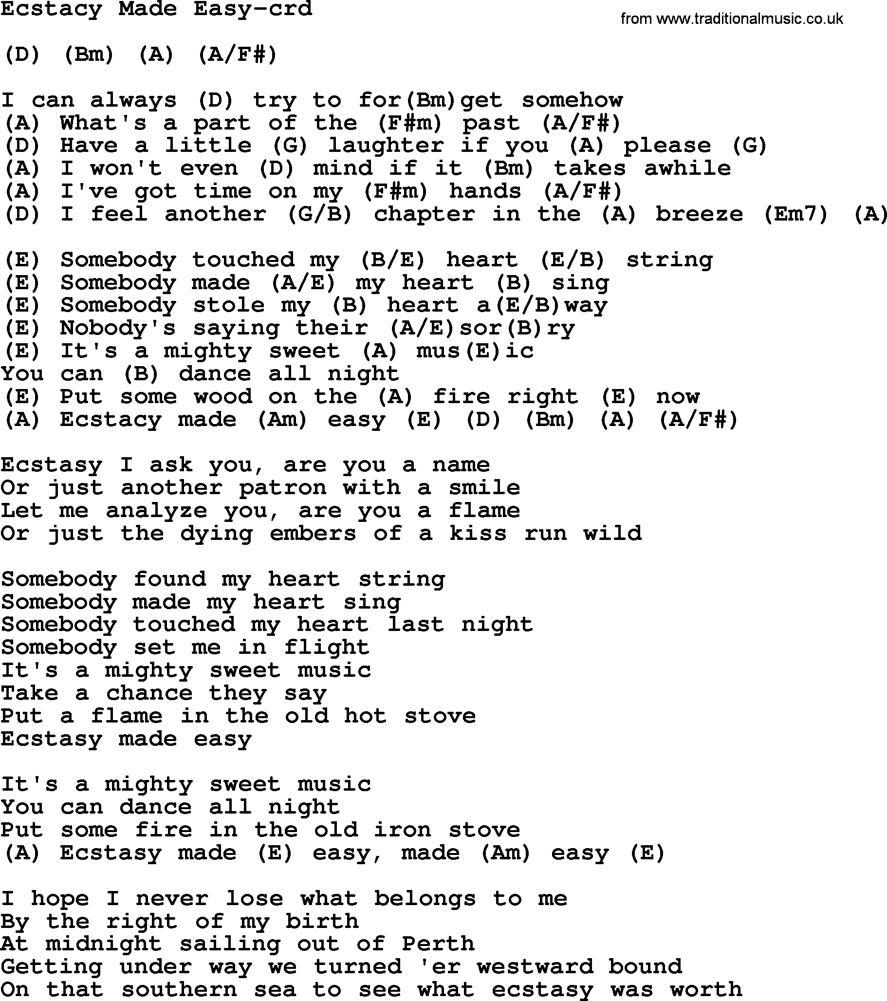Gordon Lightfoot song Ecstacy Made Easy, lyrics and chords