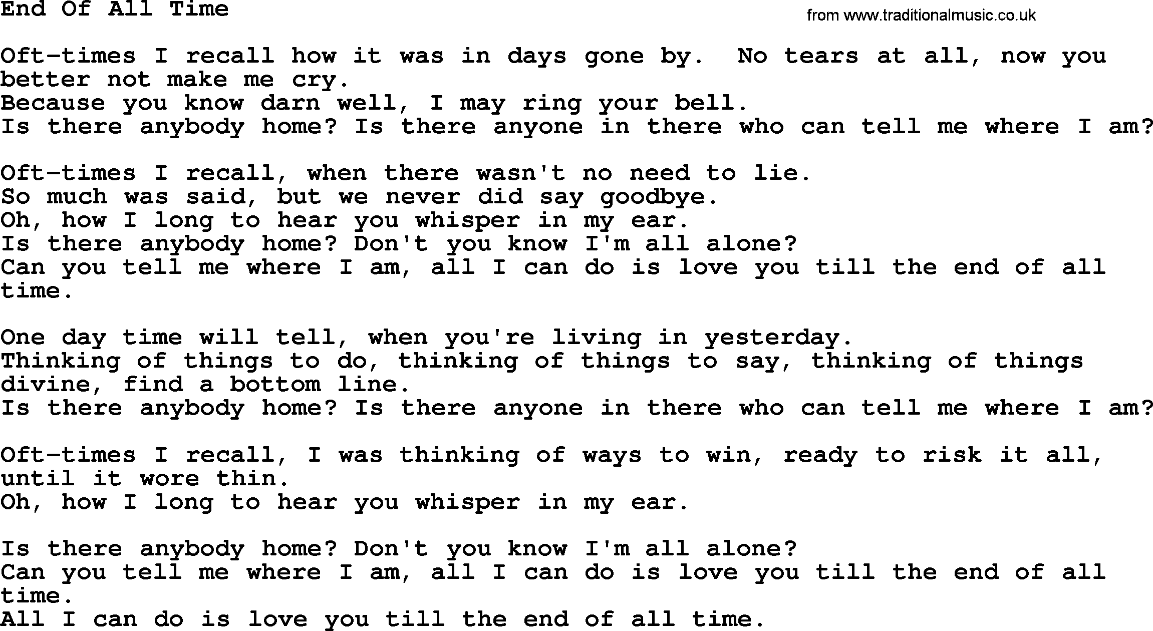 Gordon Lightfoot song End Of All Time, lyrics