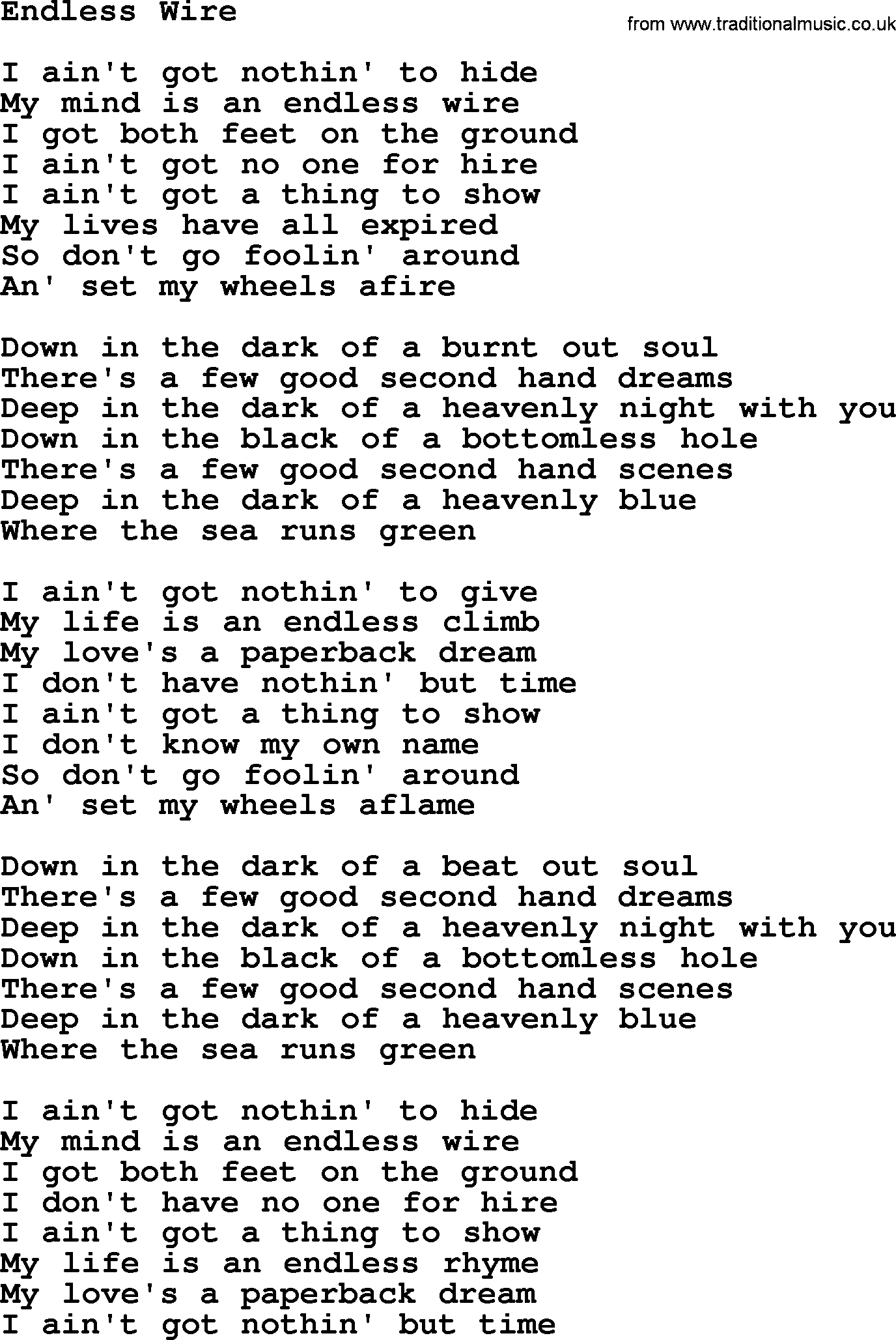 Gordon Lightfoot song Endless Wire, lyrics