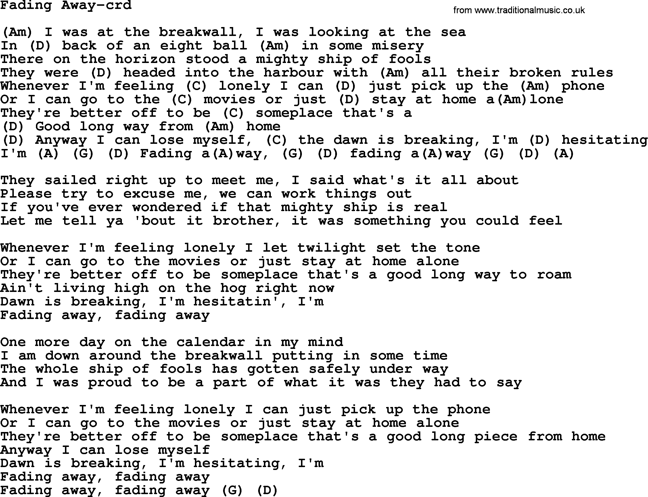 Gordon Lightfoot song Fading Away, lyrics and chords