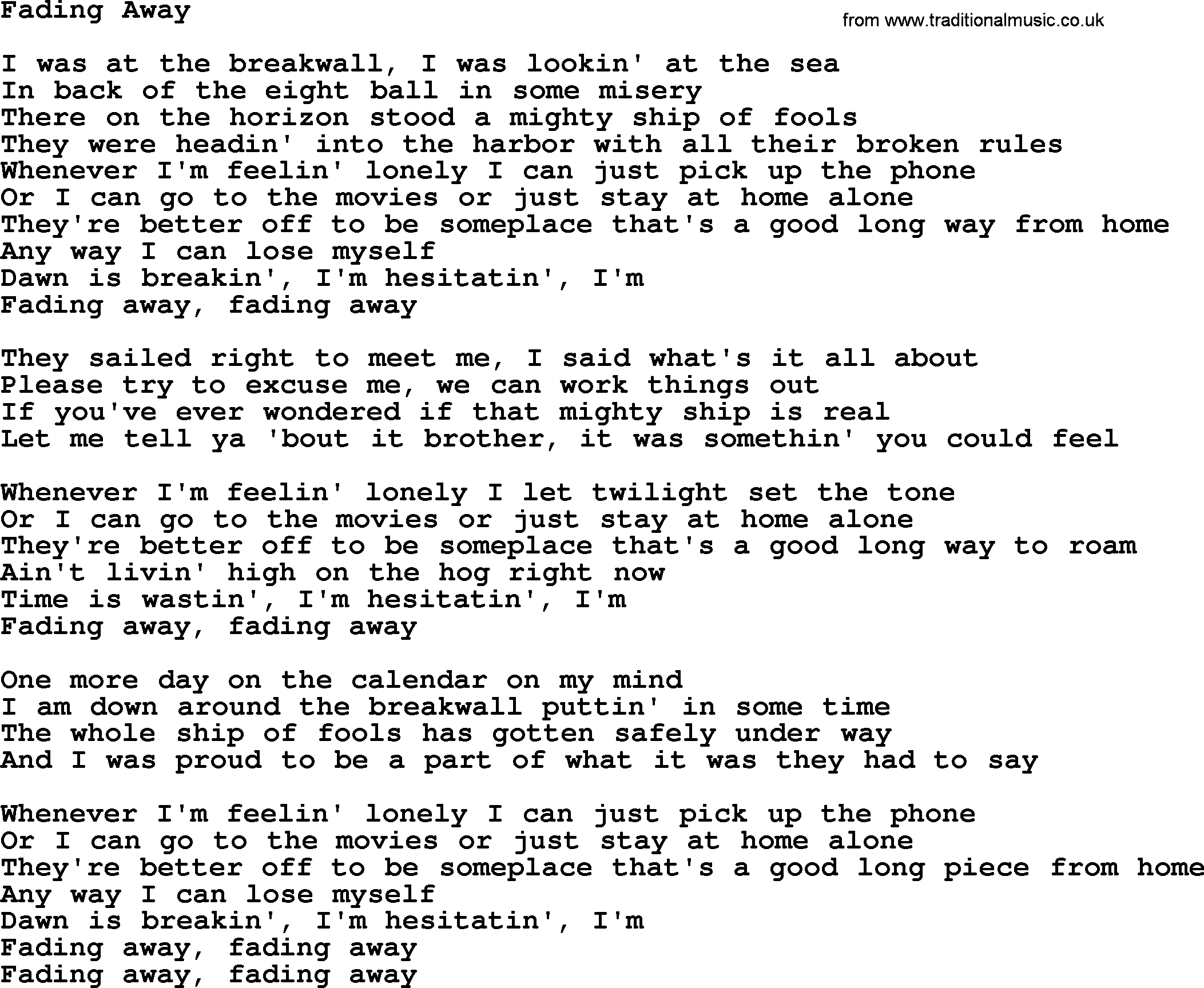 Gordon Lightfoot song Fading Away, lyrics