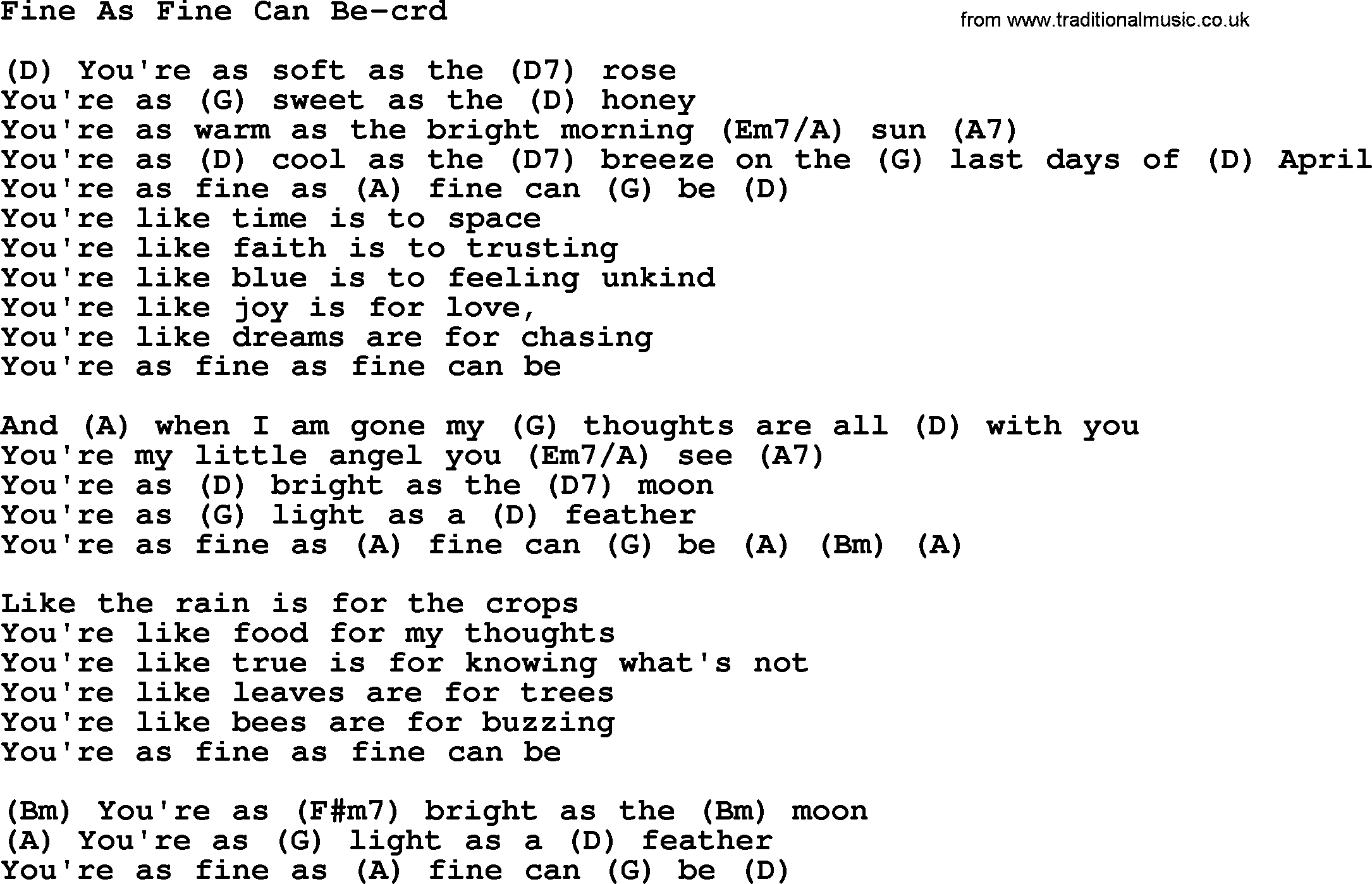 Gordon Lightfoot song Fine As Fine Can Be, lyrics and chords