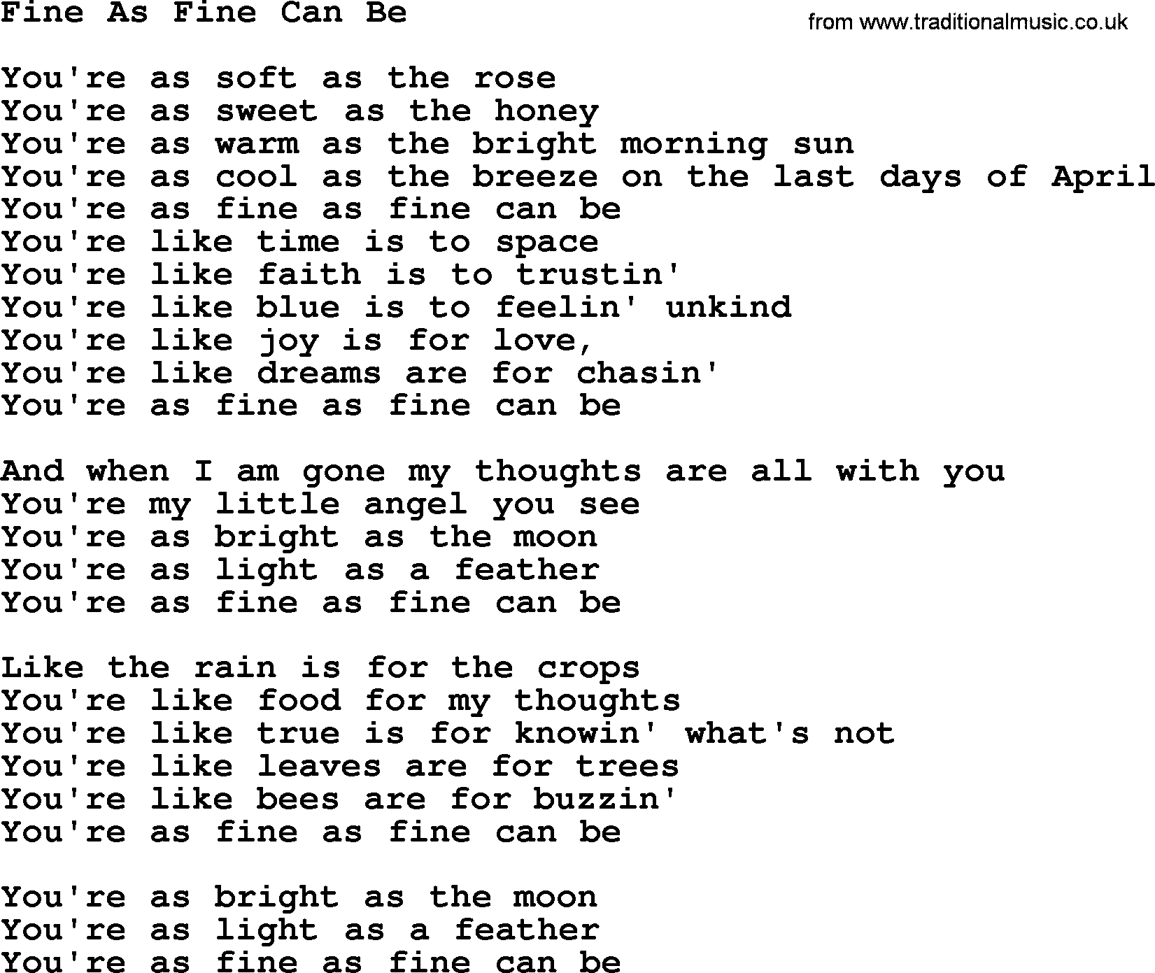Gordon Lightfoot song Fine As Fine Can Be, lyrics