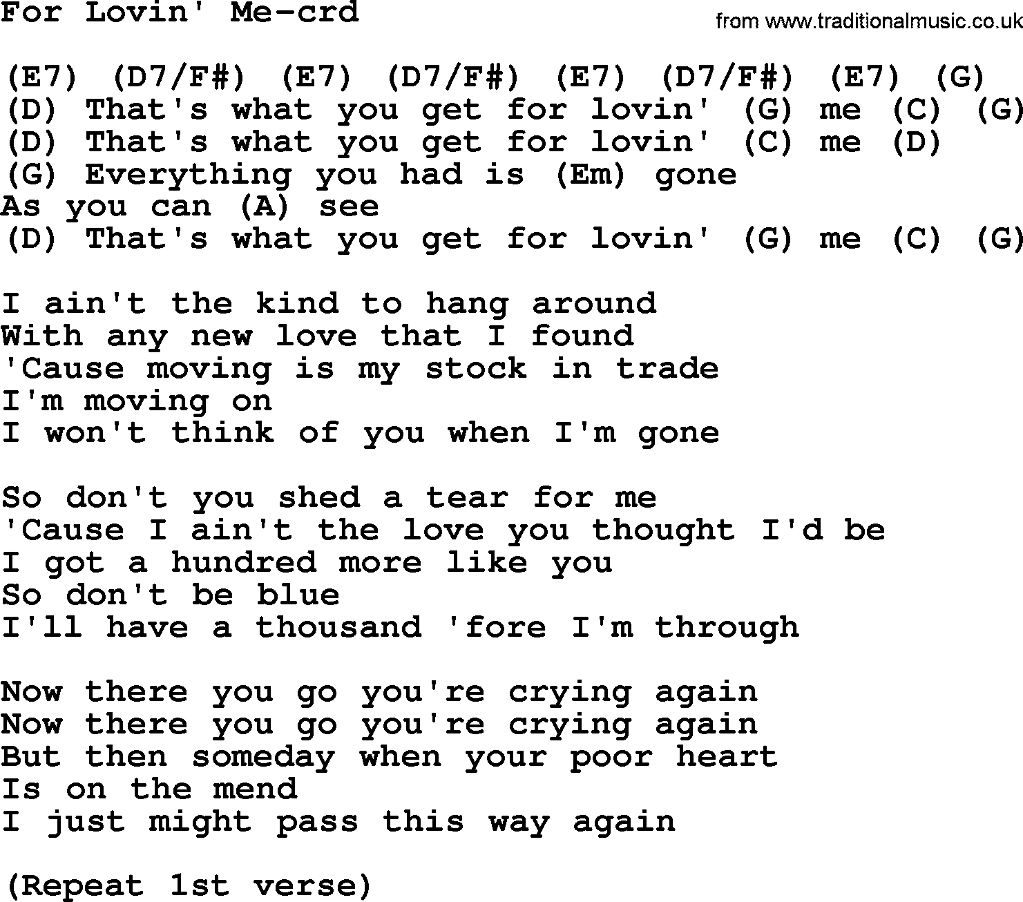 Gordon Lightfoot song For Lovin' Me, lyrics and chords