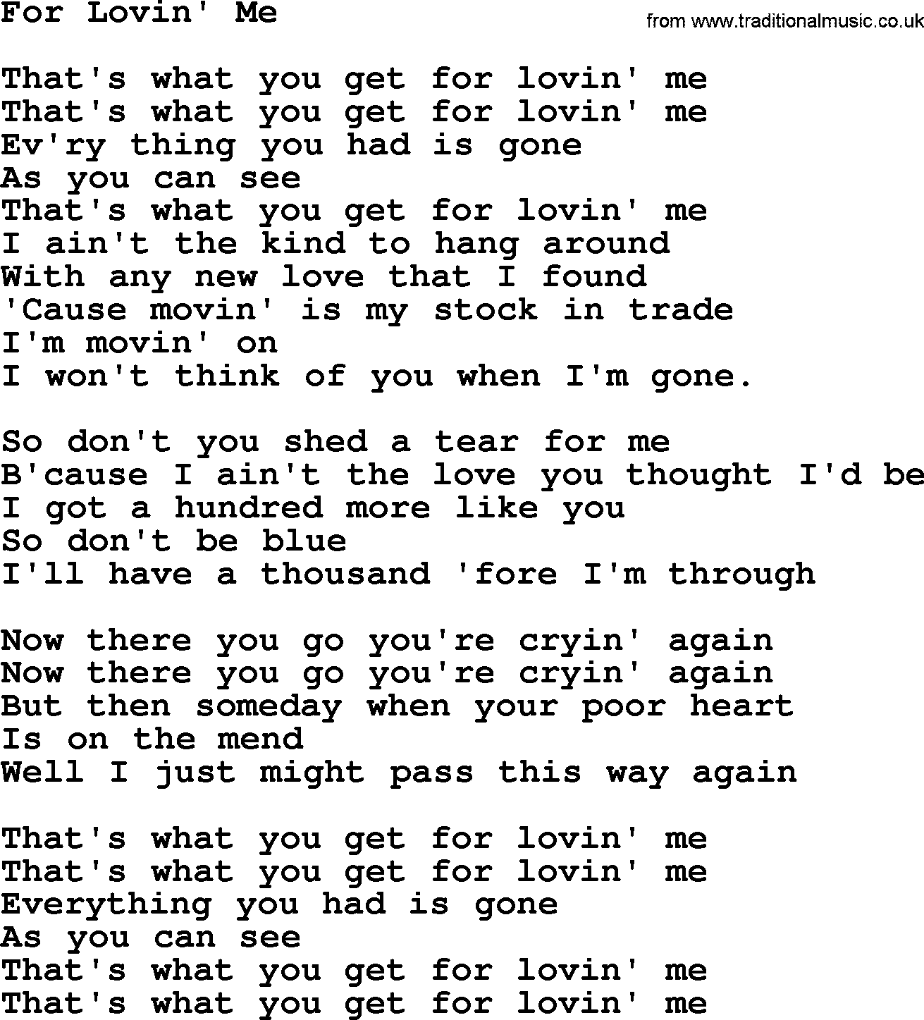 Gordon Lightfoot song For Lovin' Me, lyrics