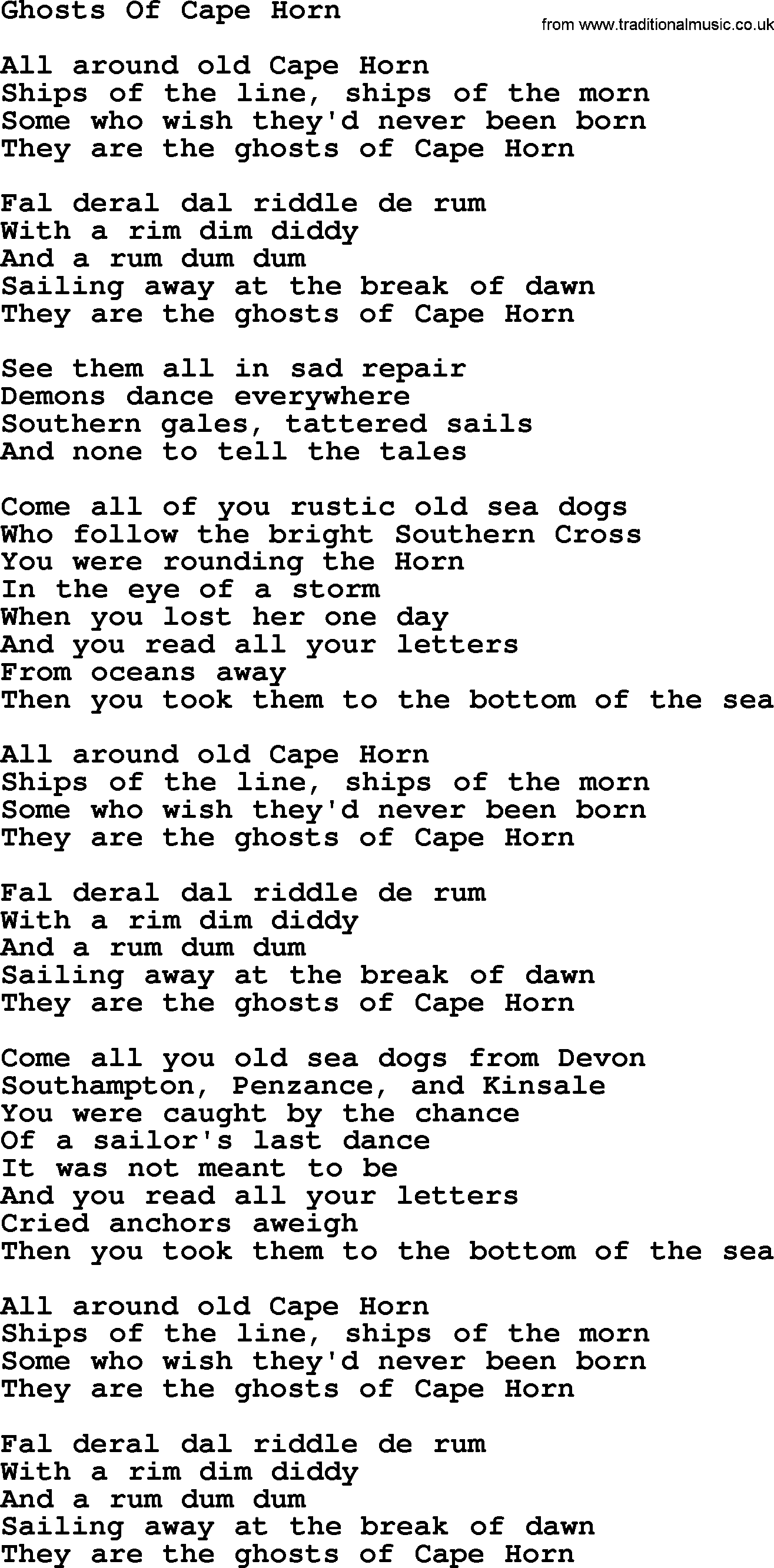Gordon Lightfoot song Ghosts Of Cape Horn, lyrics