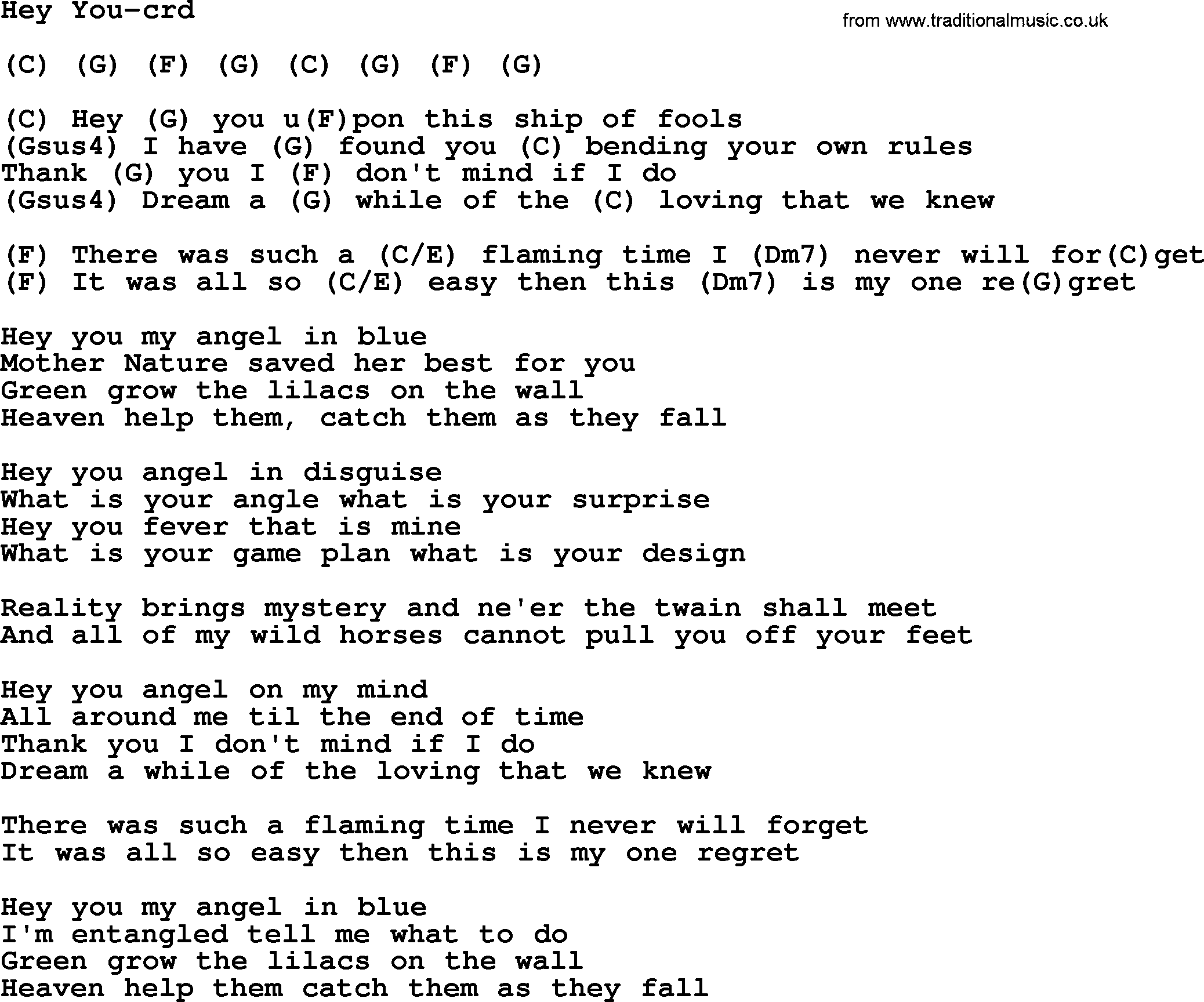 Gordon Lightfoot song Hey You, lyrics and chords