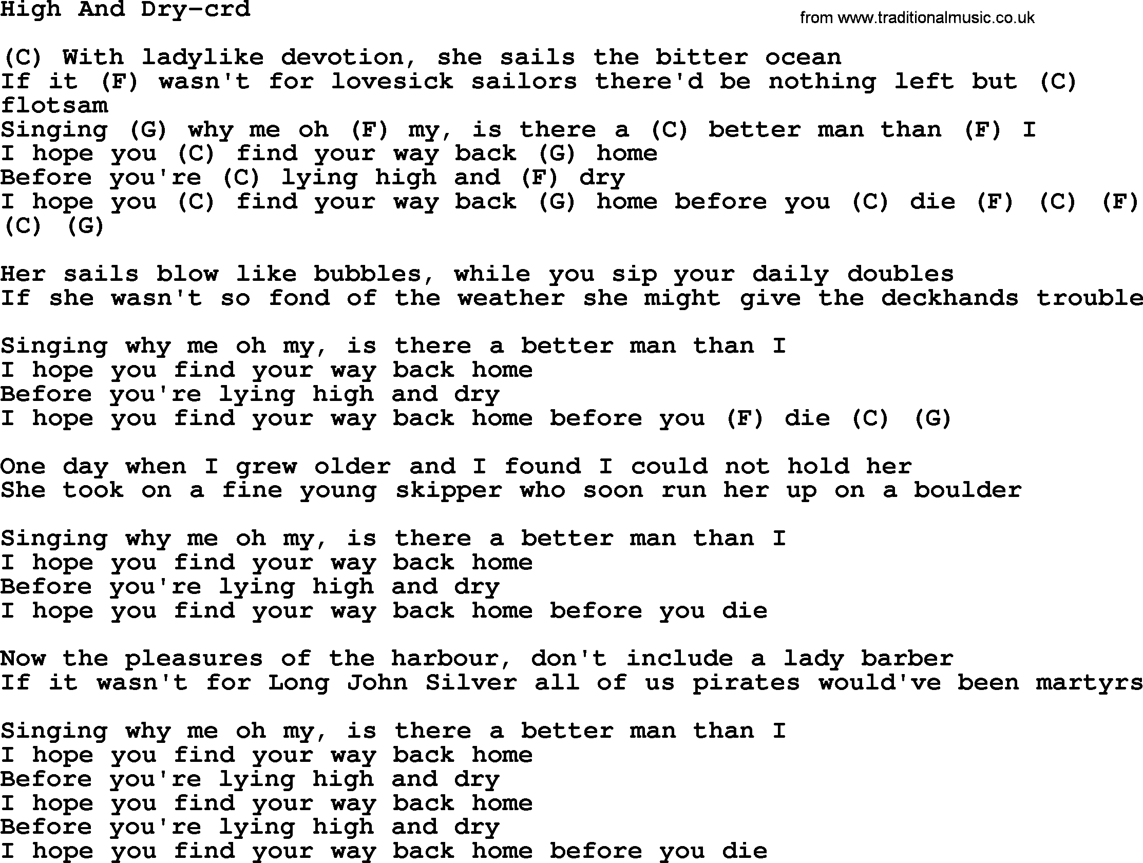 Gordon Lightfoot song High And Dry, lyrics and chords