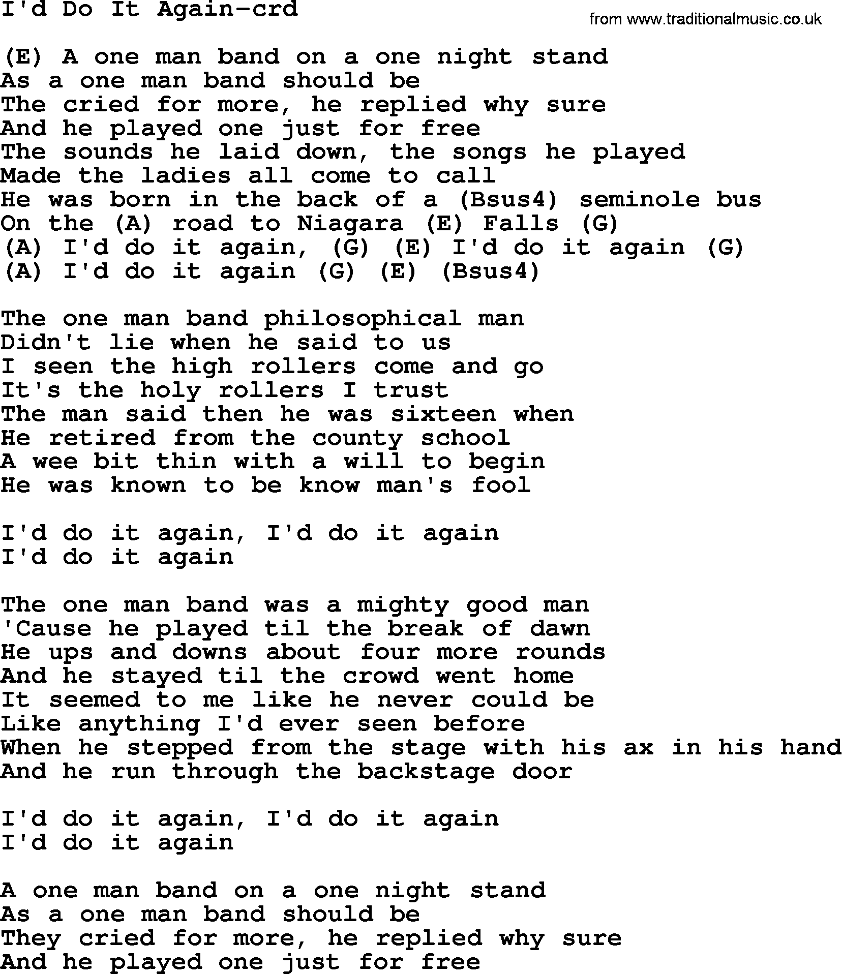 Gordon Lightfoot song I'd Do It Again, lyrics and chords