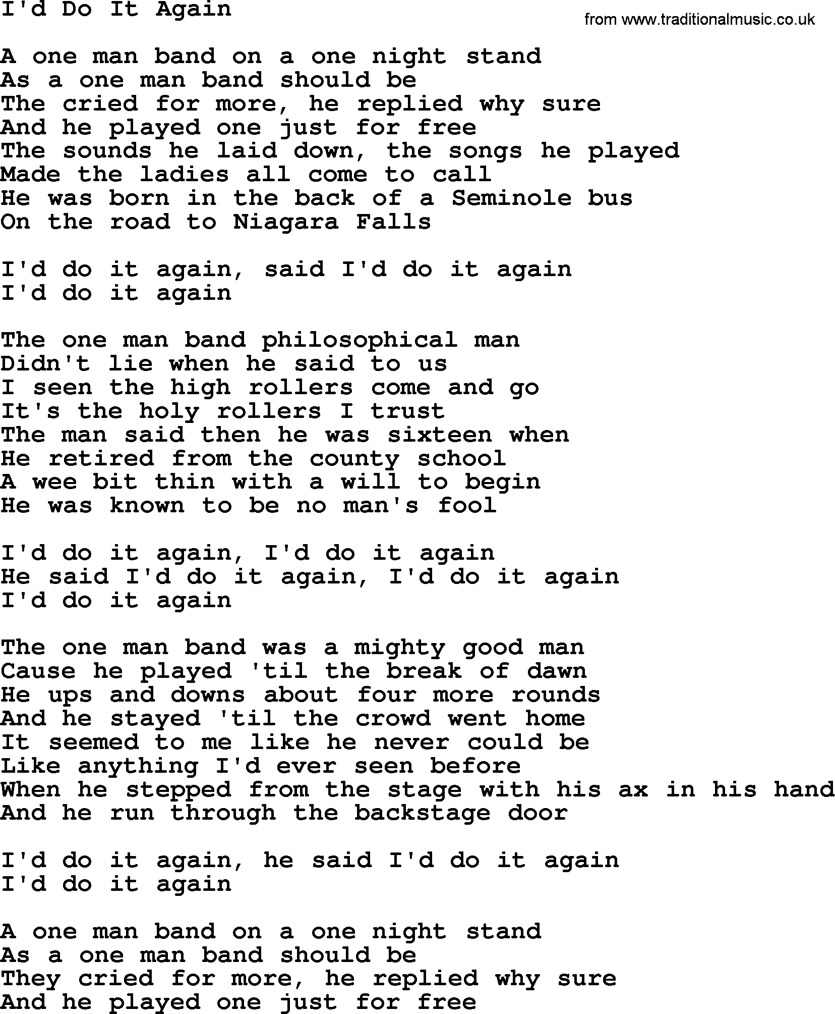 Gordon Lightfoot song I'd Do It Again, lyrics