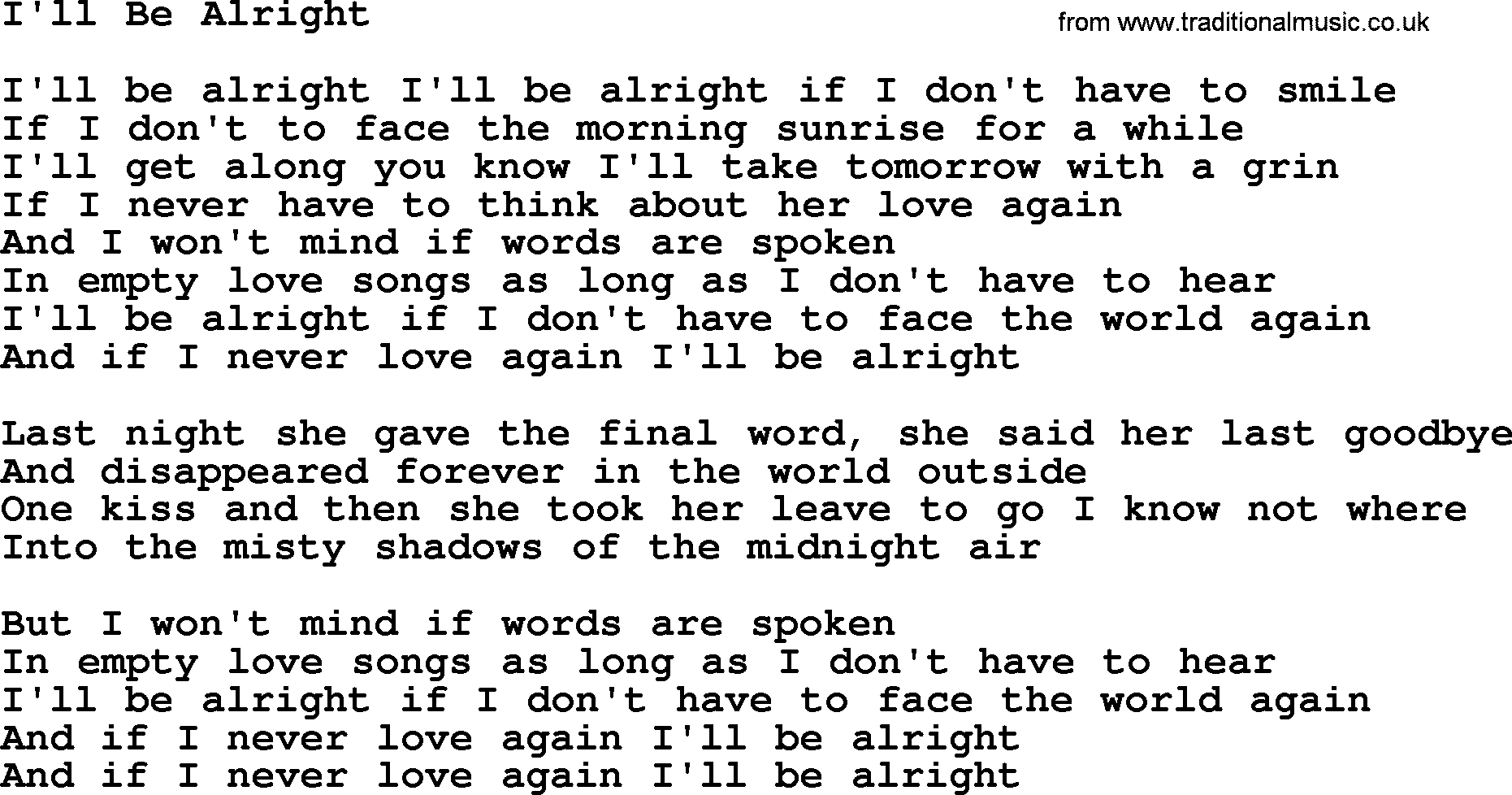 Gordon Lightfoot song I'll Be Alright, lyrics