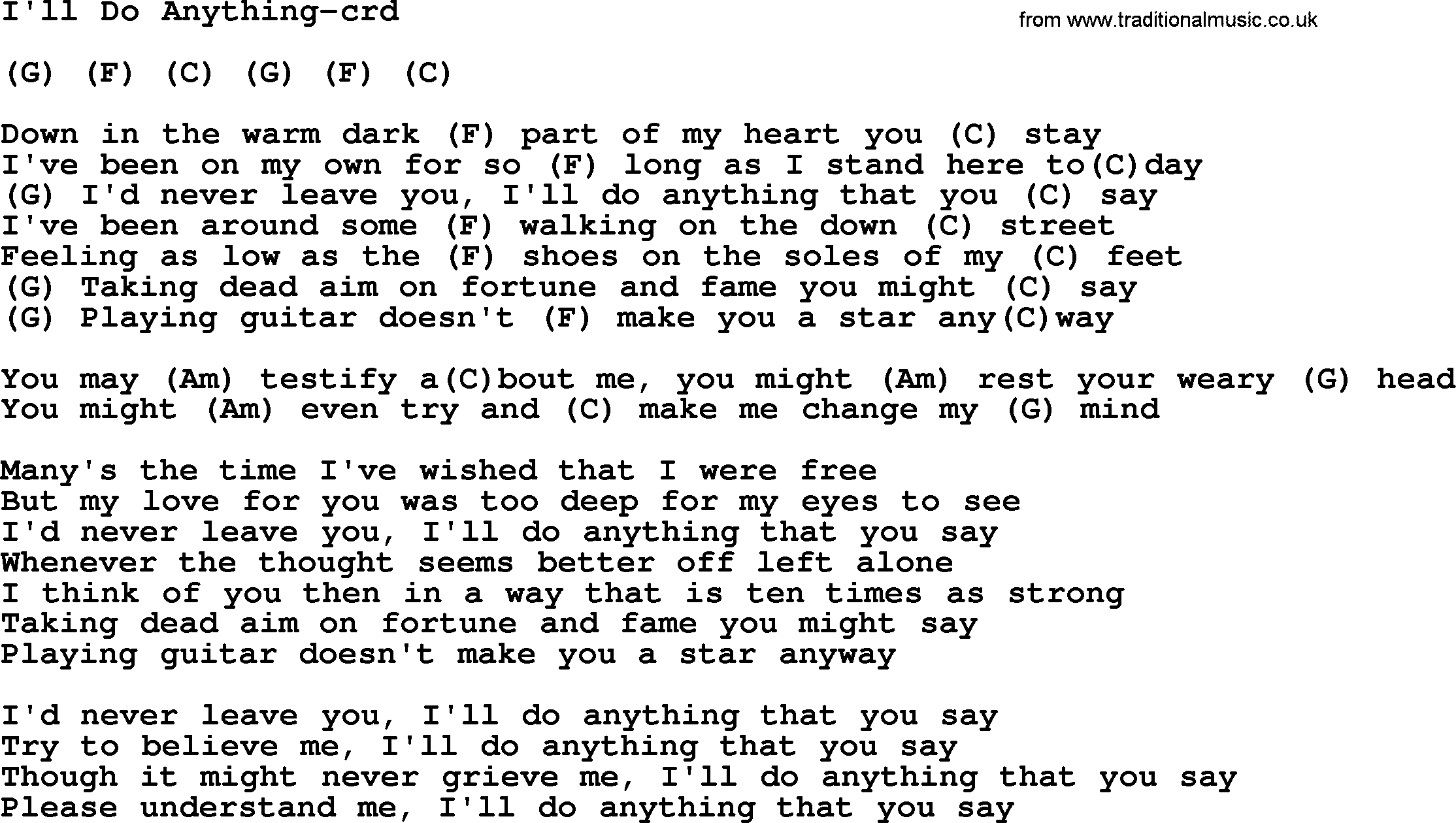 Gordon Lightfoot song I'll Do Anything, lyrics and chords