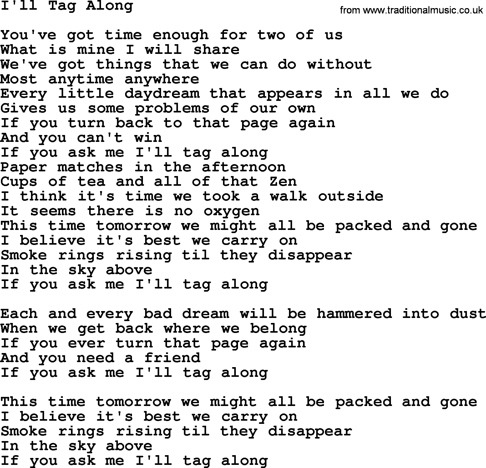 Gordon Lightfoot song I'll Tag Along, lyrics