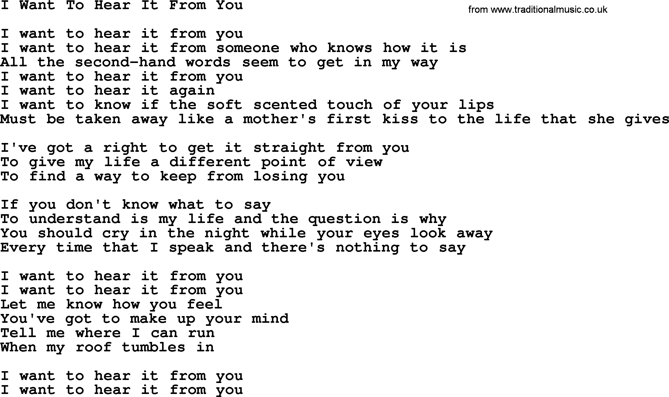 Gordon Lightfoot song I Want To Hear It From You, lyrics